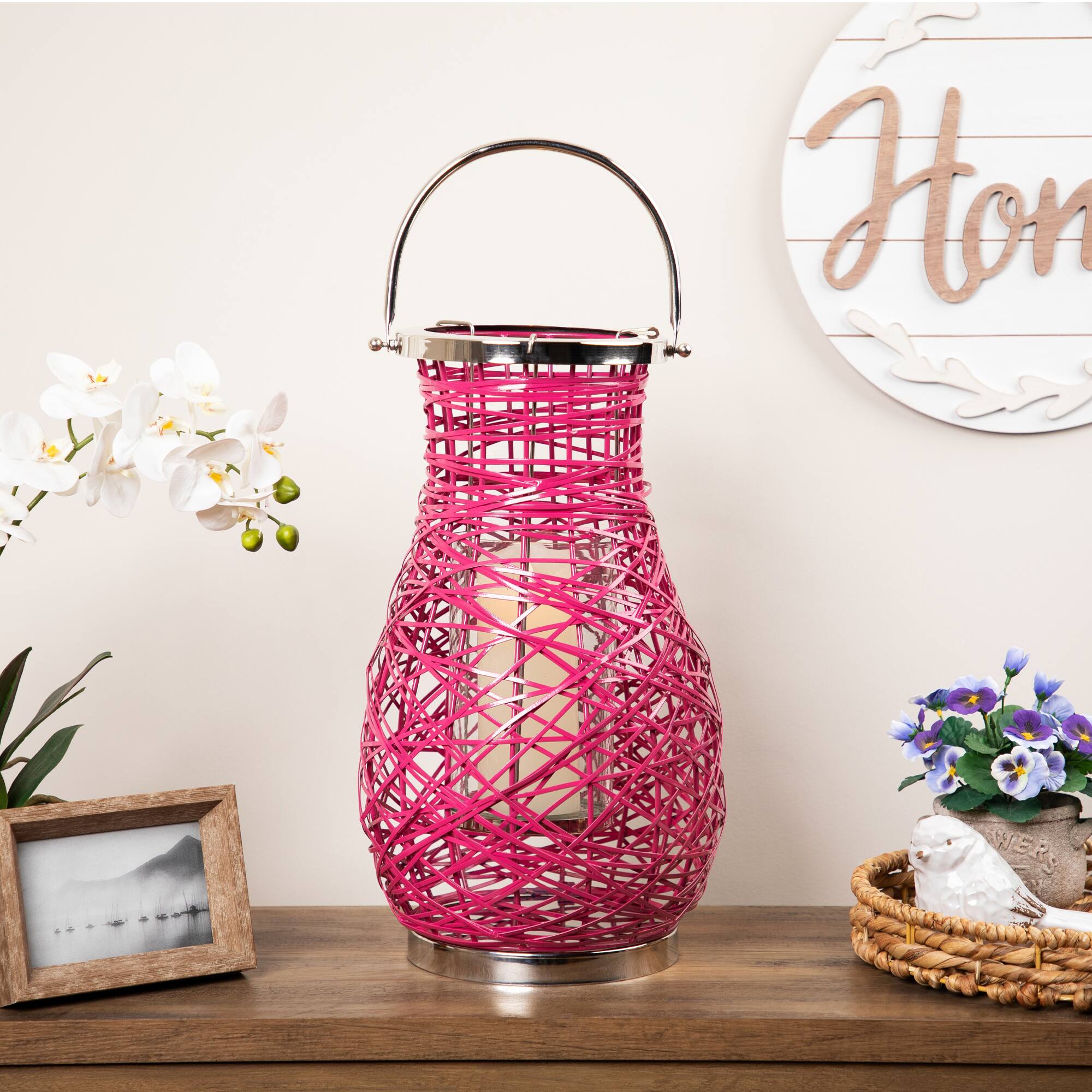 Northlight - Woven Iron Pillar Candle Lantern with Glass Hurricane - 18.5" - Fuchsia - Pink