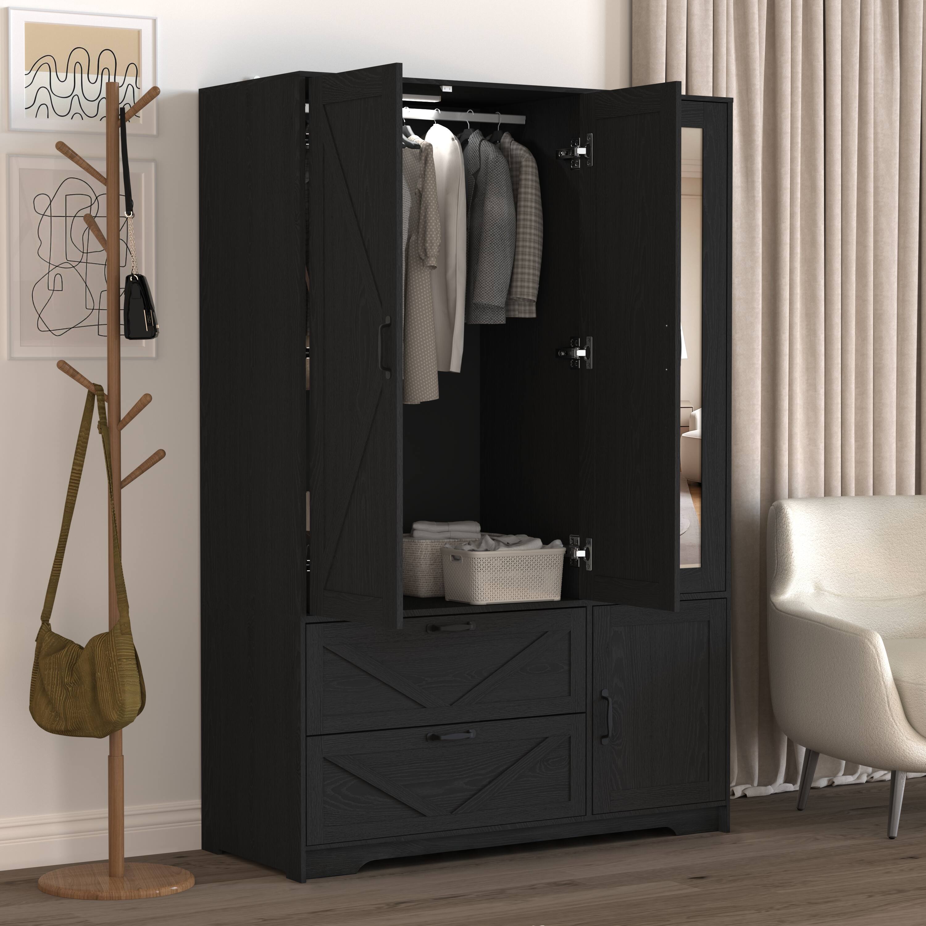 Back. MERAVOM - Wardrobe Closet with Mirror, 4 Doors and 2 Drawers, Wooden Wardrobe Storage Cabinet with Hanging Rod, Adjustable Shelves - Black.