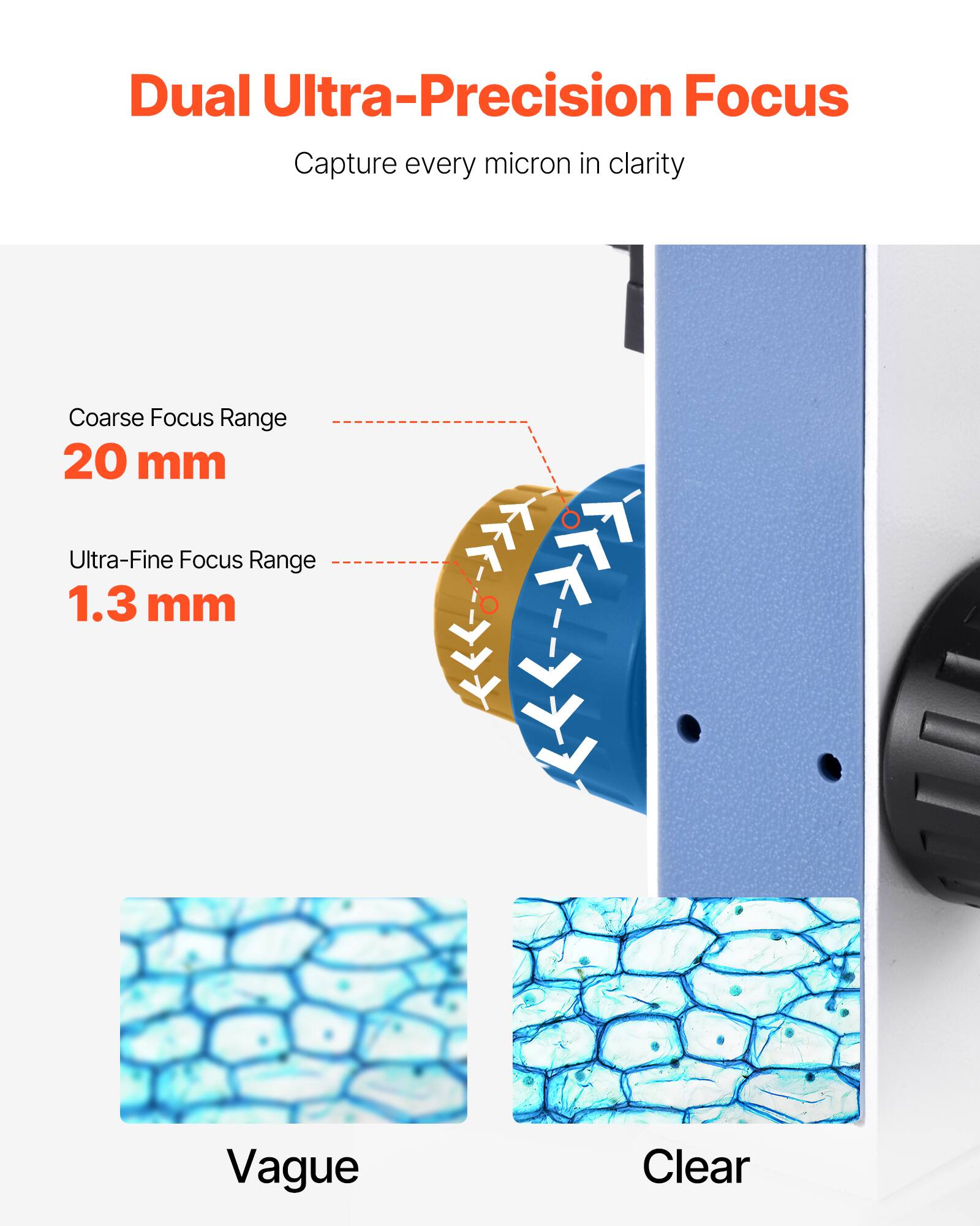 Dual Ultra-Precision Focus  
Capture every micron in clarity  

Coarse Focus Range  
20 mm  

Ultra-Fine Focus Range  
1.3 mm  

Vague  
Clear