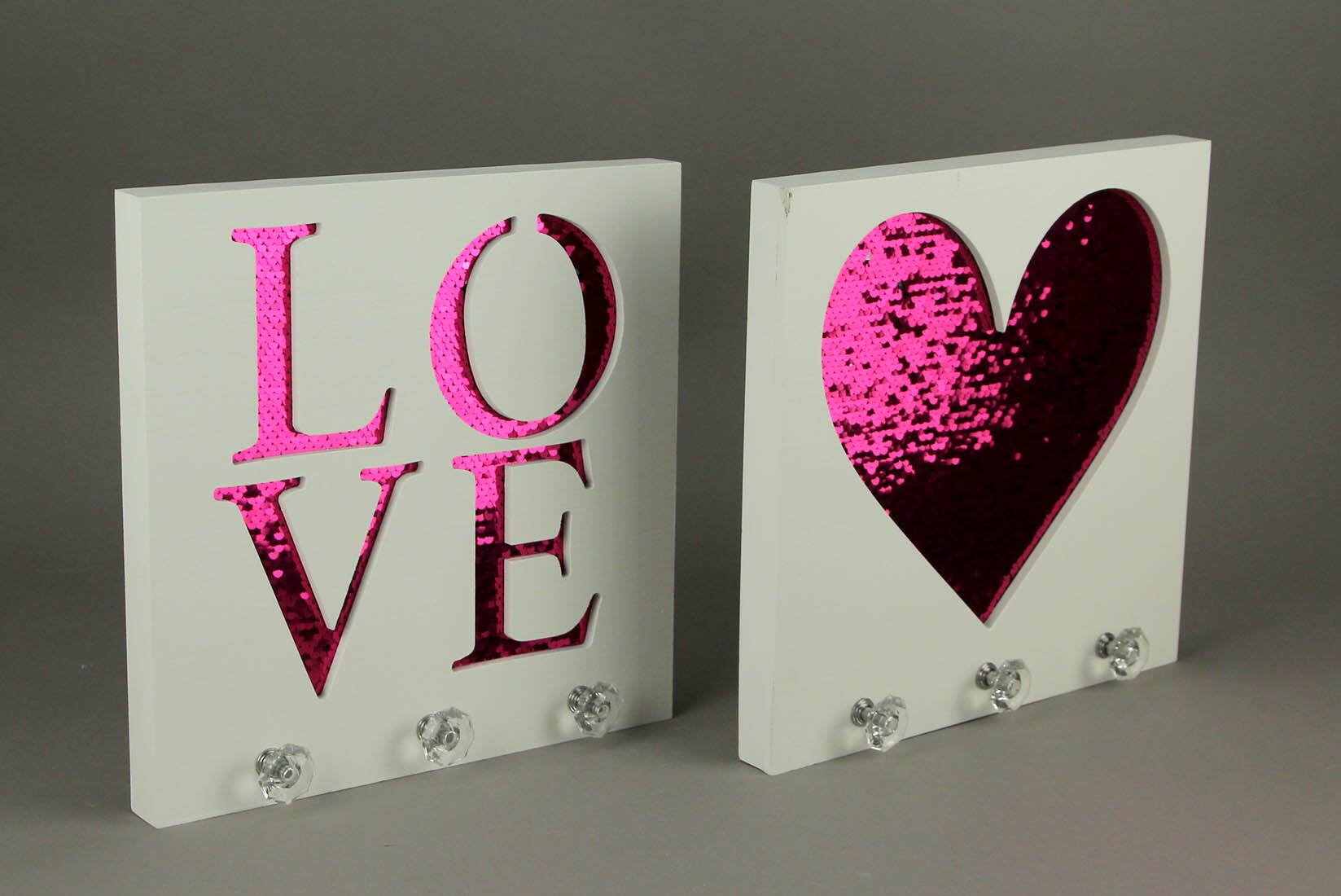 Alt View 1. Premier Home Imports - White Wood Pink Sequins Heart and Love Wall Hook Plaques 2 Piece Set - White.