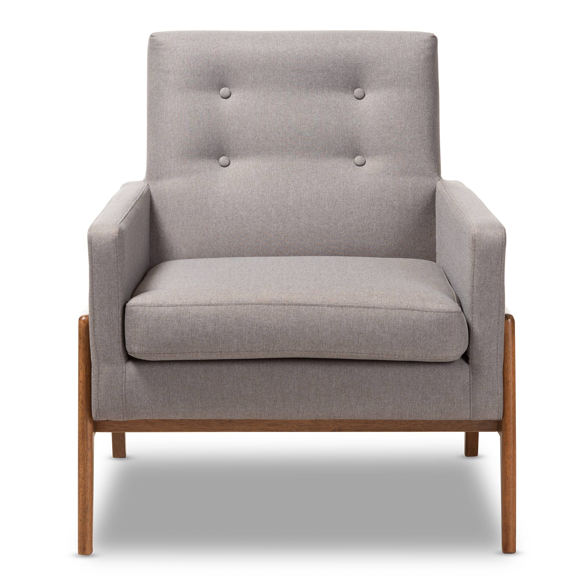 Angle. Baxton Studio - Perris Mid-Century Modern Fabric Upholstered Walnut Wood Lounge Chair - Grey.
