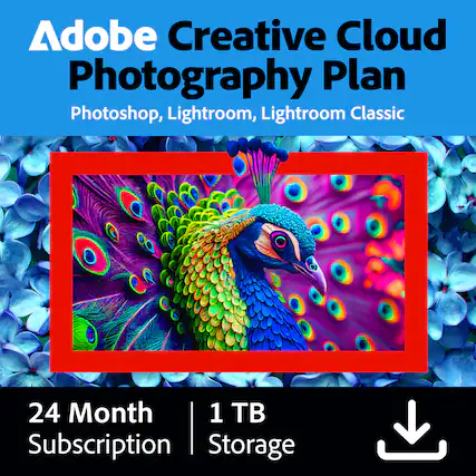 Adobe Creative Cloud Photography Plan
Photoshop, Lightroom, Lightroom Classic
24 Month Subscription
1 TB Storage