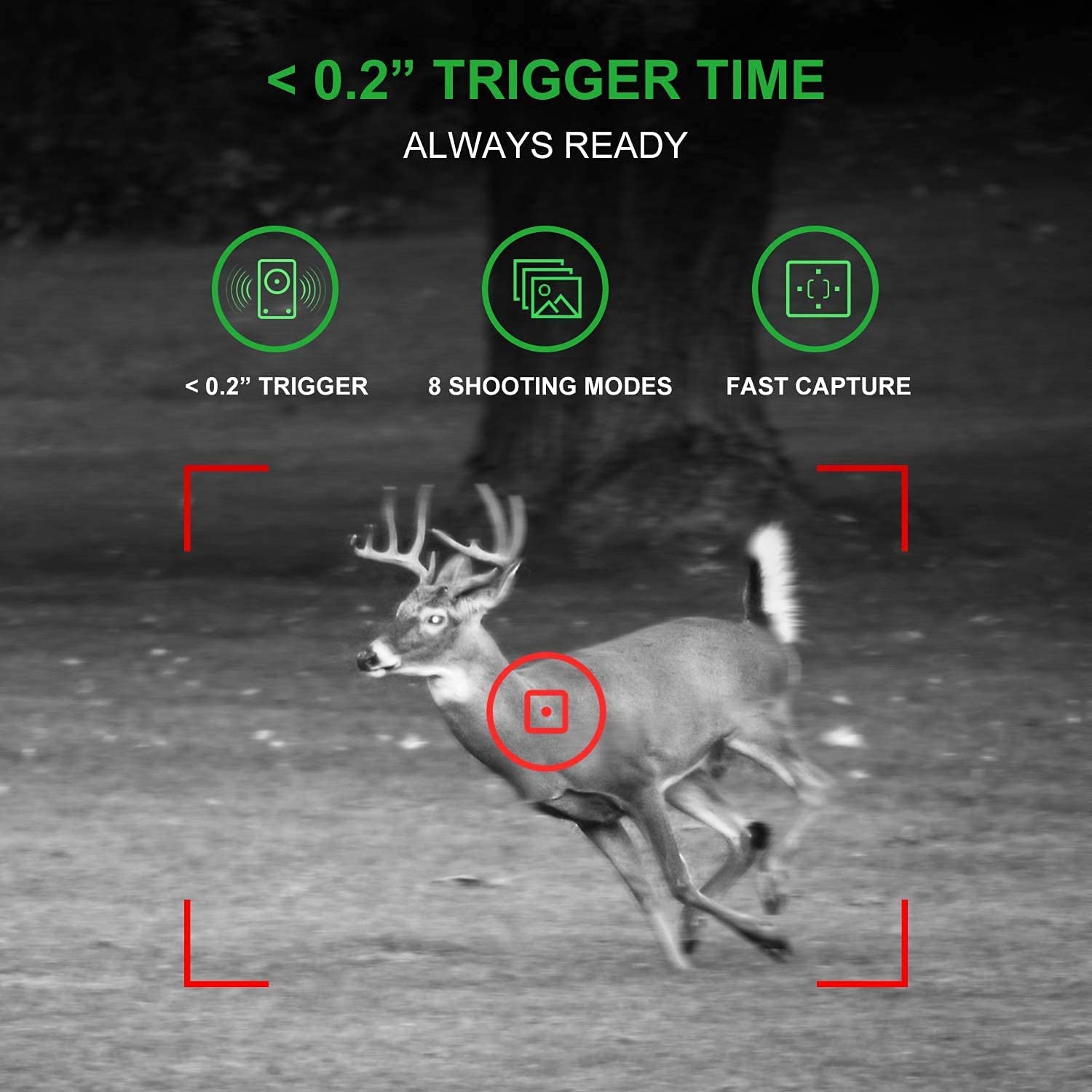 < 0.2" TRIGGER TIME  
ALWAYS READY  

< 0.2" TRIGGER  
8 SHOOTING MODES  
FAST CAPTURE
