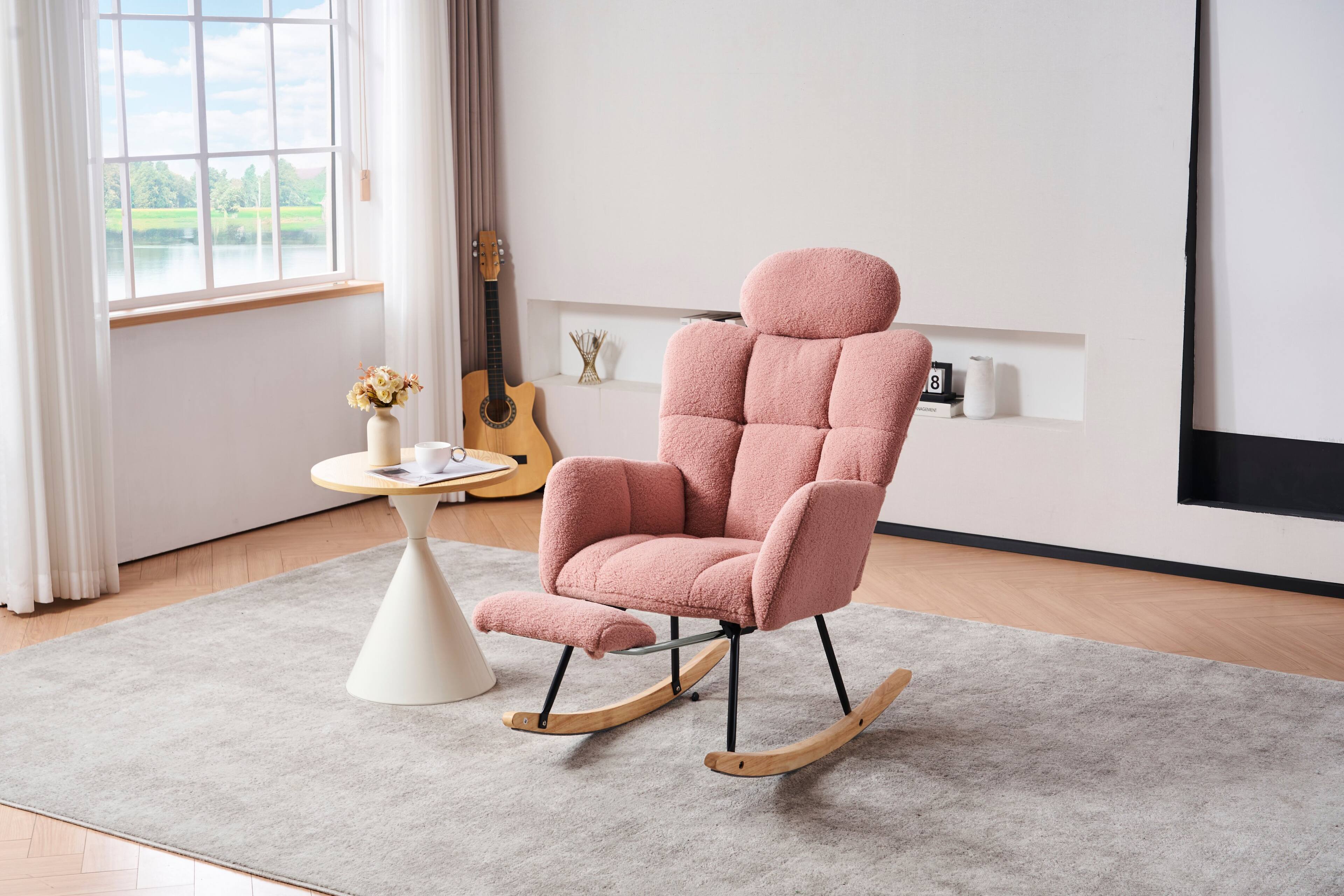 Alt View 4. GOODSILO - Teddy Fabric Upholstered Nursery Rocking Chair with Pillow & Footrest, Modern Accent Armchair - Pink.