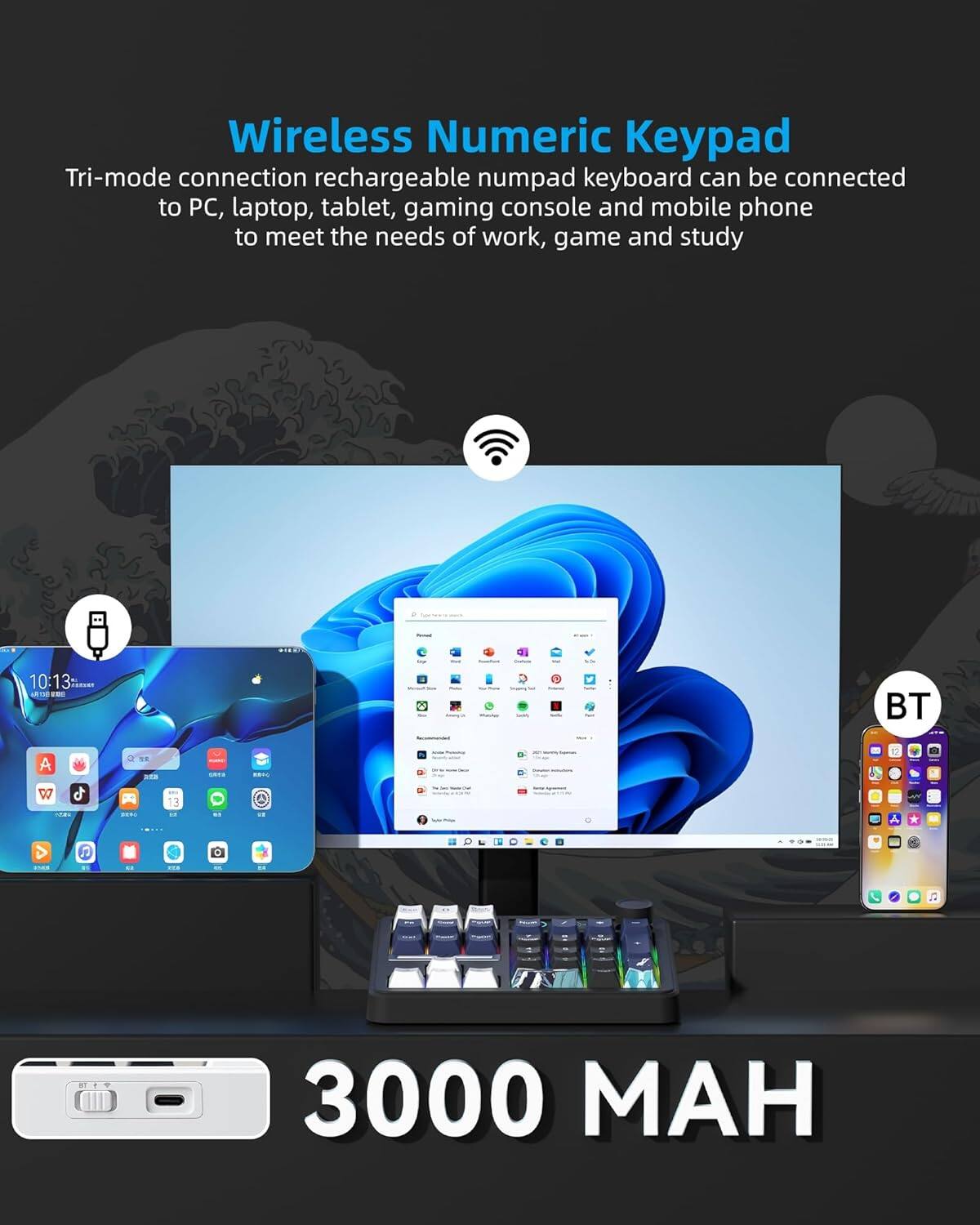 Wireless Numeric Keypad

Tri-mode connection rechargeable numpad keyboard can be connected to PC, laptop, tablet, gaming console and mobile phone to meet the needs of work, game and study

3000 MAH