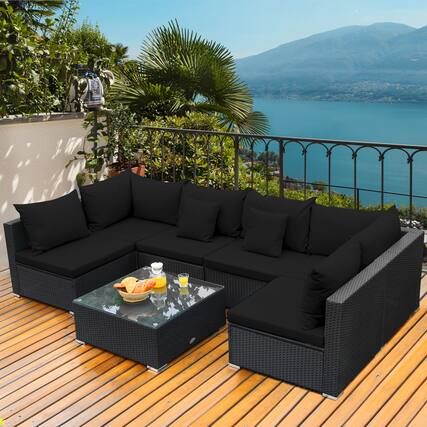 Front. Gymax - Gymax 7PCS Rattan Patio Conversation Set Sectional Furniture Set w/ Black Cushion - Black.