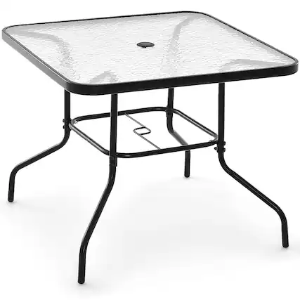 Front. Costway - Costway 34 Inch Outdoor Dining Table Square Tempered Glass Table with 1.5" Umbrella Hole - Black.