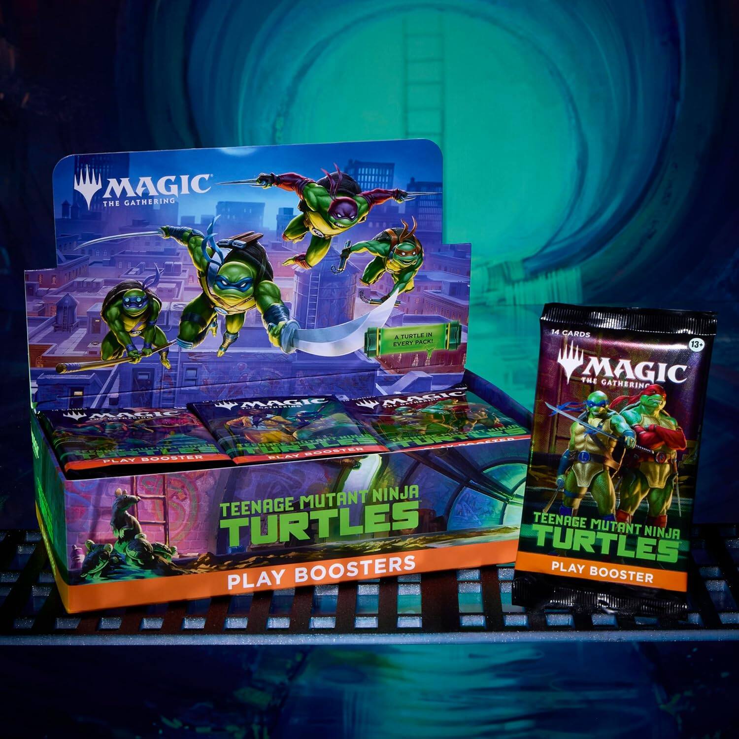 MAGIC GATHERING THE  
14 CARDS TURTLE EVERY PACK!  
13+ MAGIC GATHERING MAGIC SATHERING MAGIC  
MAGIC THE NINJA NINJA  
TEENAGE MUTANT V-RACTED  
TURTLE PLAY BOOSTER PLAY BOOSTER  
MUTANT NINJA TEENAGE TEENAGE TURTLES TURTLES  
MUTANT NINJA BOOSTERS PLAY BOOSTER PLAY