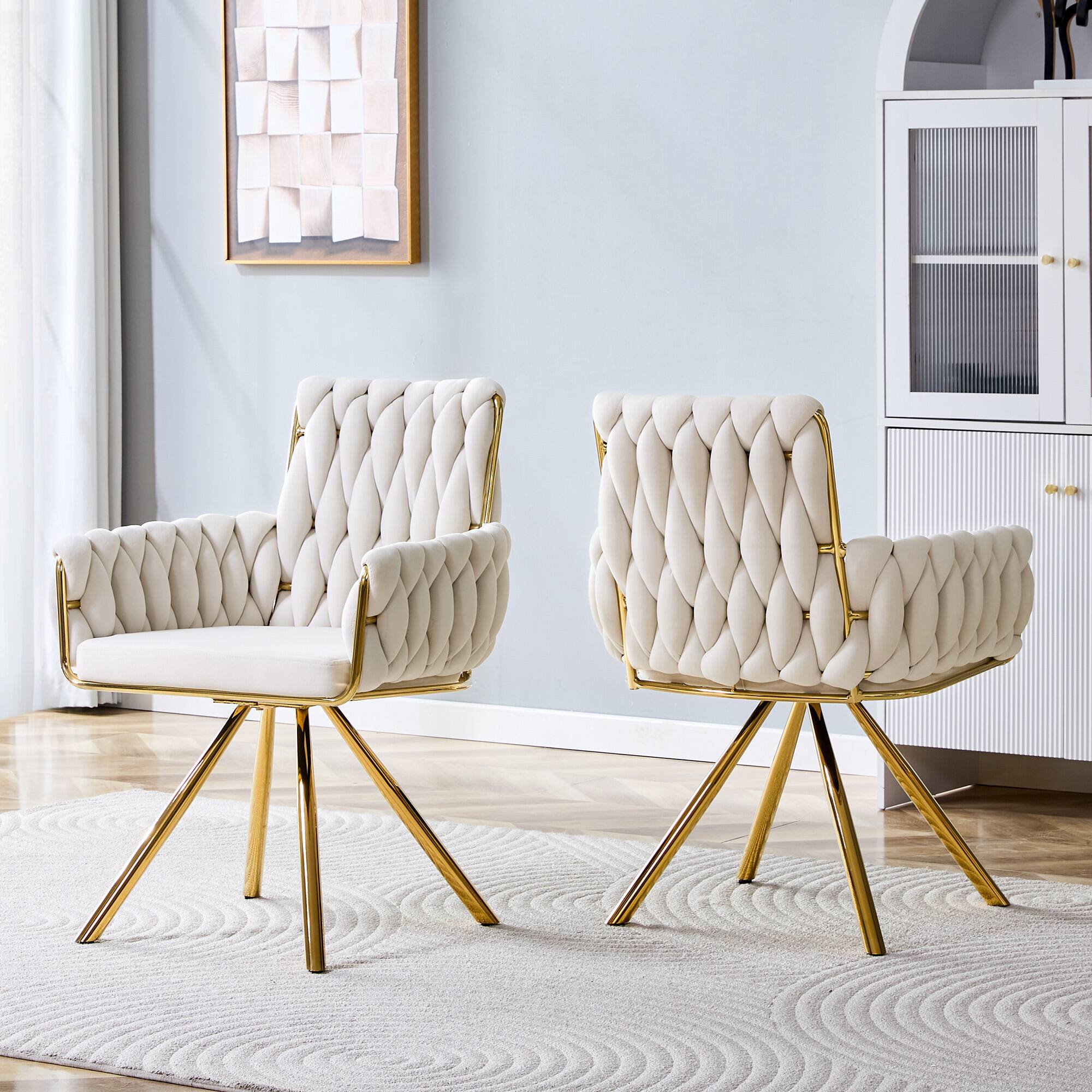 Left. Loheer - Loheer Velvet Dining Chairs Set of 2, Beige Braided Accent Chairs with Arms and Gold Metal Legs, 2.08 ft - Beige,Gold.