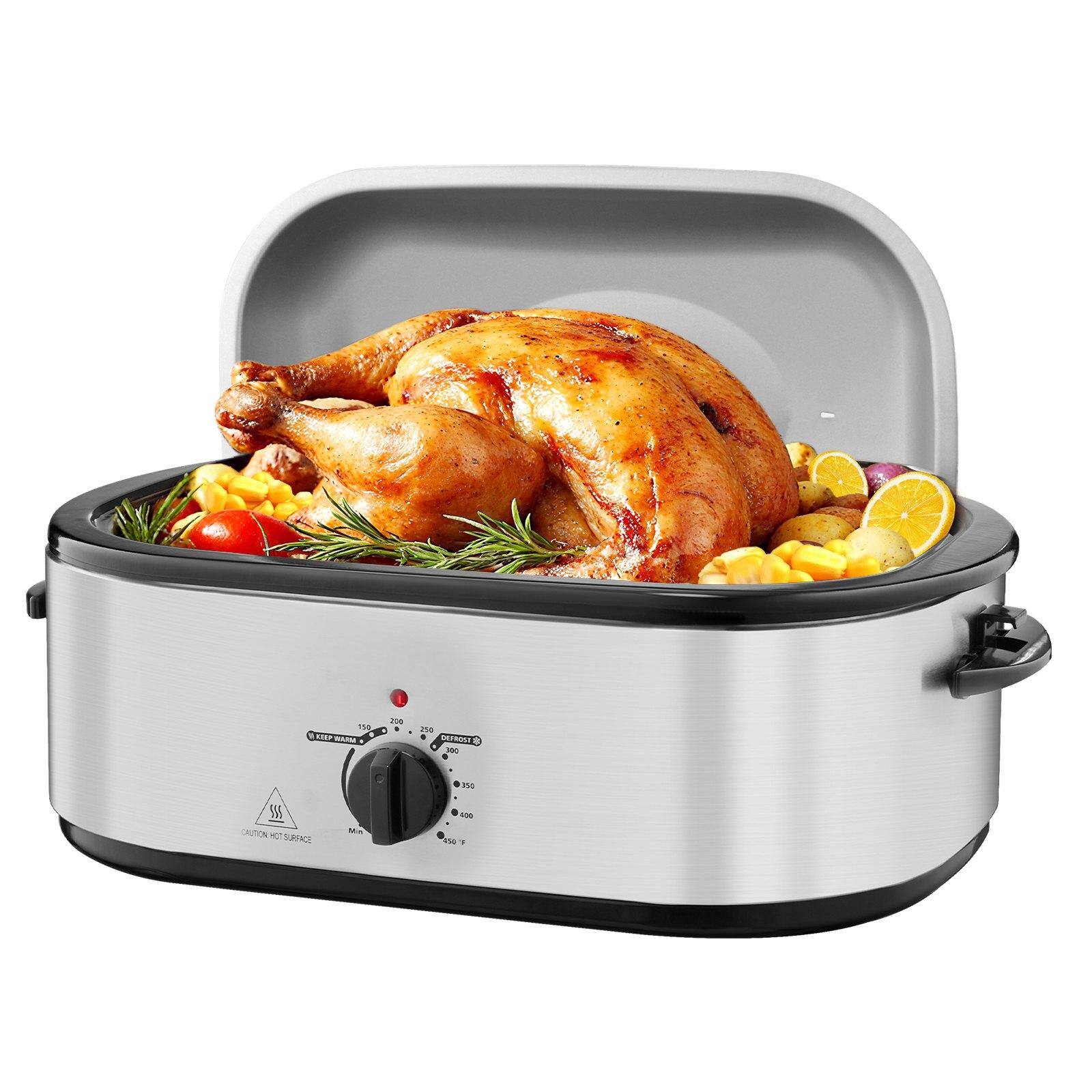 Glintex - 22QT Roaster Oven Electric Turkey Roaster 150-450℉ Adjustable Temp with Self-Basting Lid and Rack - Silver