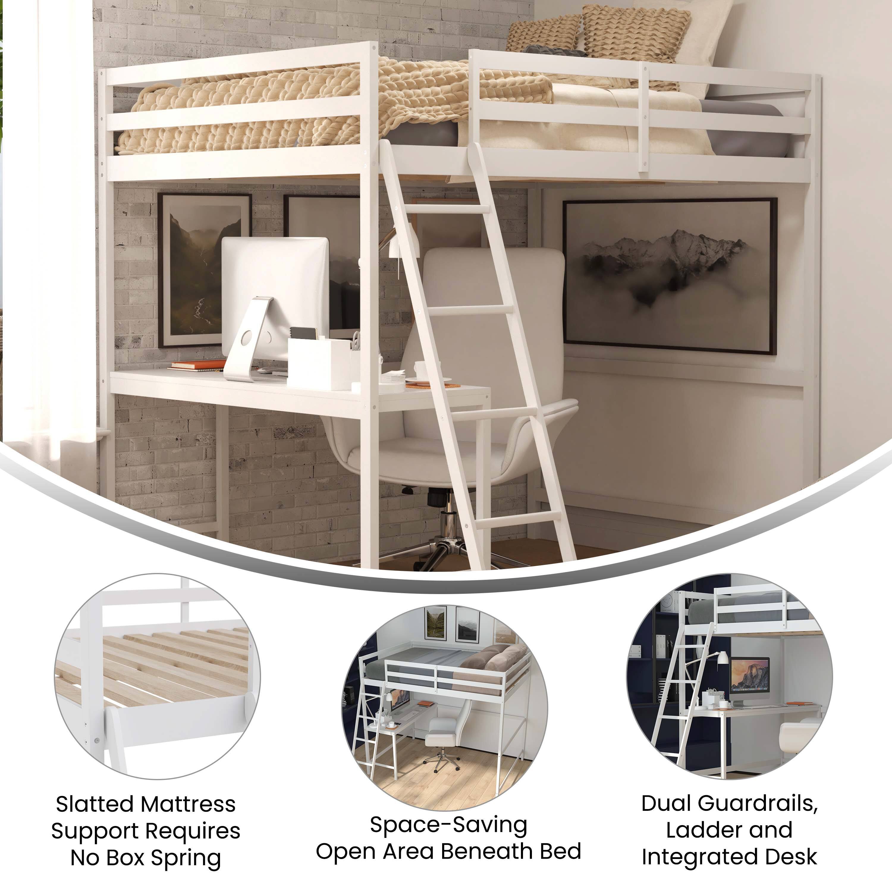 Slatted Mattress Support Requires No Box Spring  
Space-Saving Open Area Beneath Bed  
Dual Guardrails, Ladder and Integrated Desk