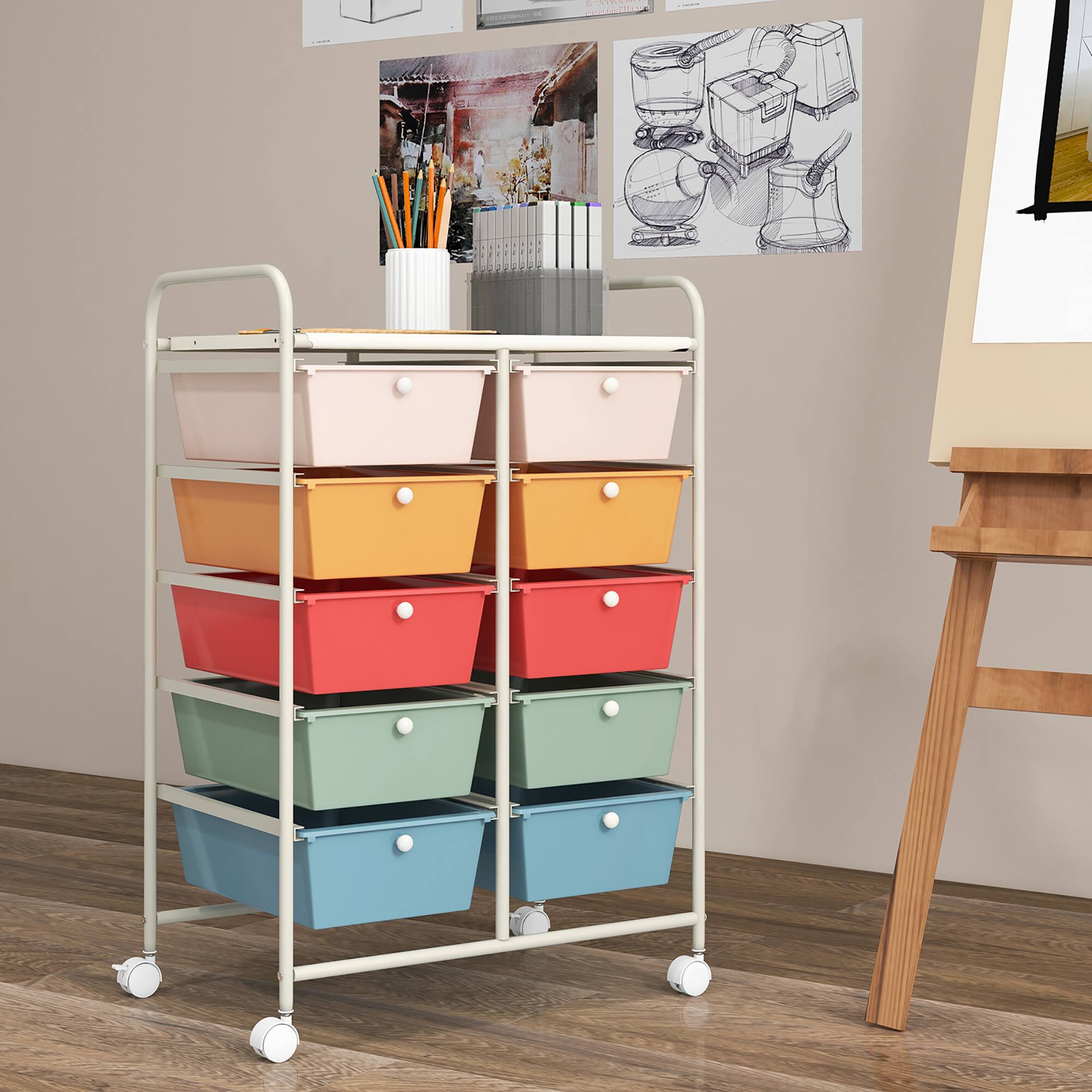 Alt View 3. Gymax - Gymax 10-Drawer Rolling Storage Cart Tools Scrapbook Paper Organizer on Wheels Macaron - Macaron.