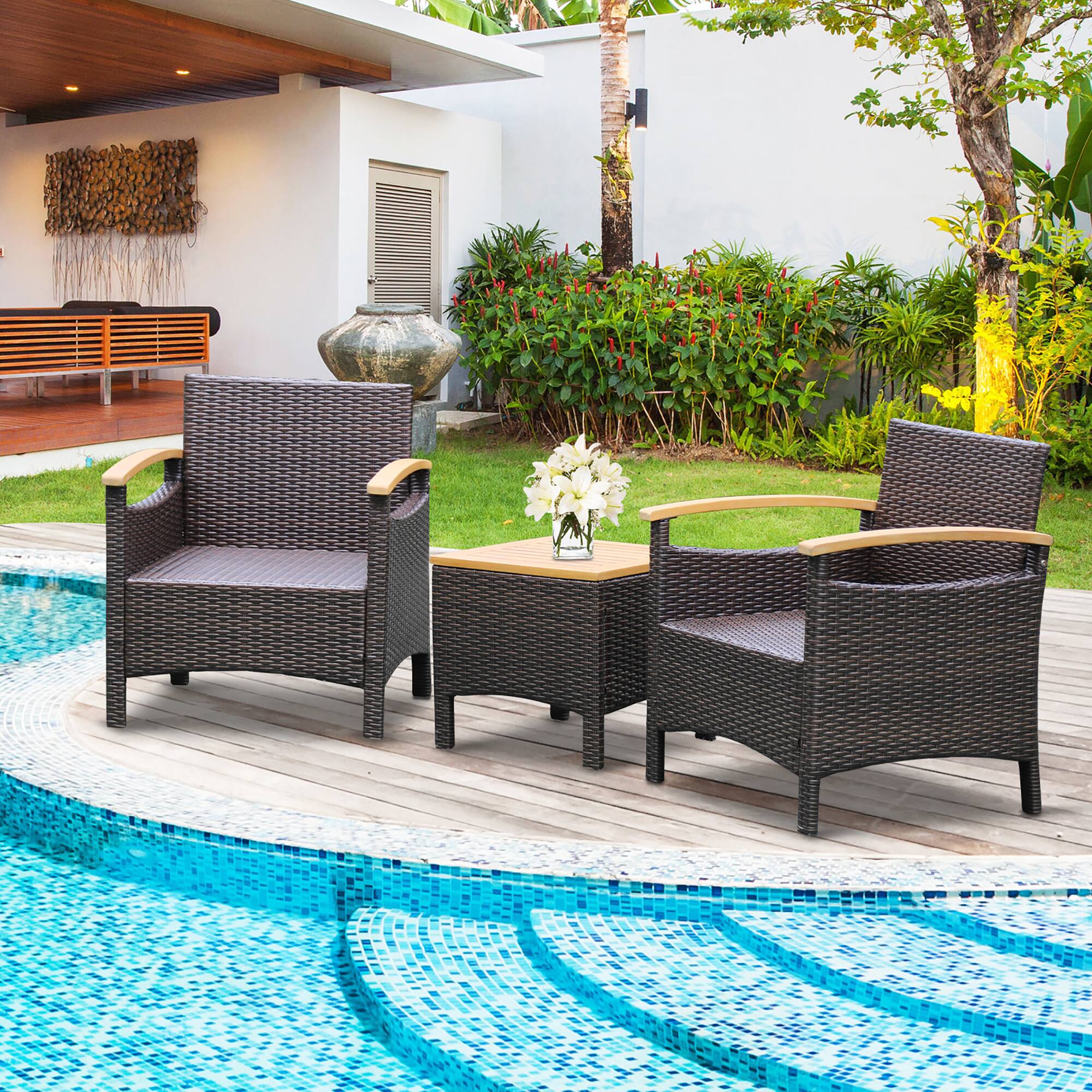 Alt View 8. Gymax - Gymax 3PCS Patio PE Rattan Conversation Furniture Set Bistro Set Acacia Wood Tabletop - Off White.