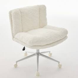 HTUTWOO - 26.4 Office Chair with Back & Wheels - Plush Faux Fur,Adjustable Height & Swivel, 300LB Capacity - Makeup Chair for Home - White