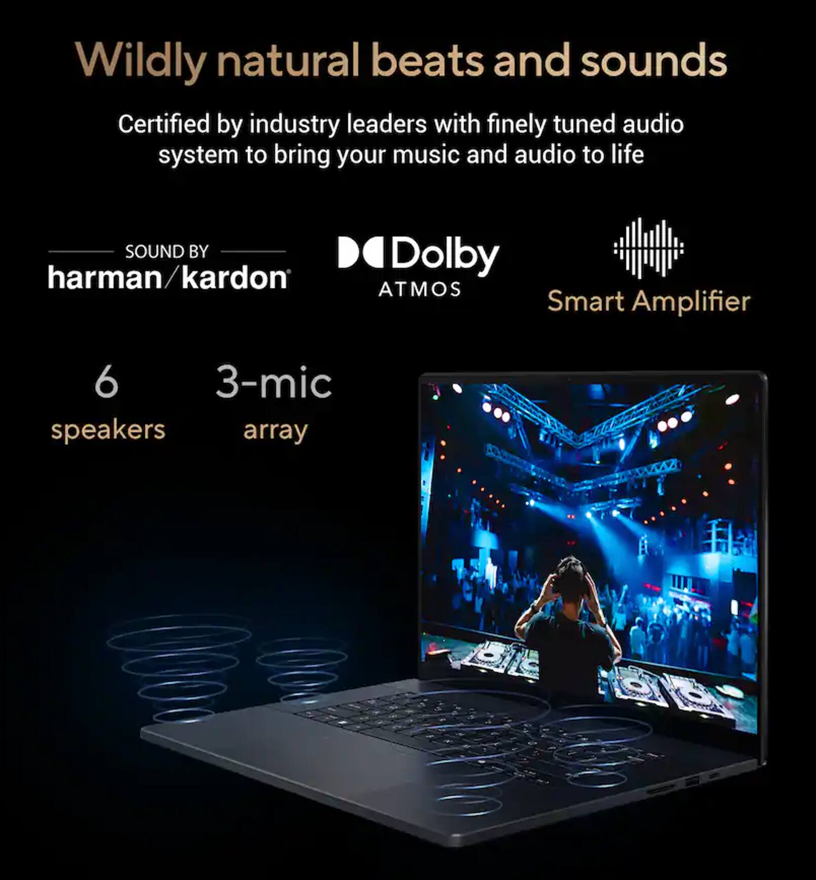 Wildly natural beats and sounds

Certified by industry leaders with finely tuned audio system to bring your music and audio to life

SOUND BY harman/kardon

Dolby ATMOS

Smart Amplifier

6 speakers

3-mic array