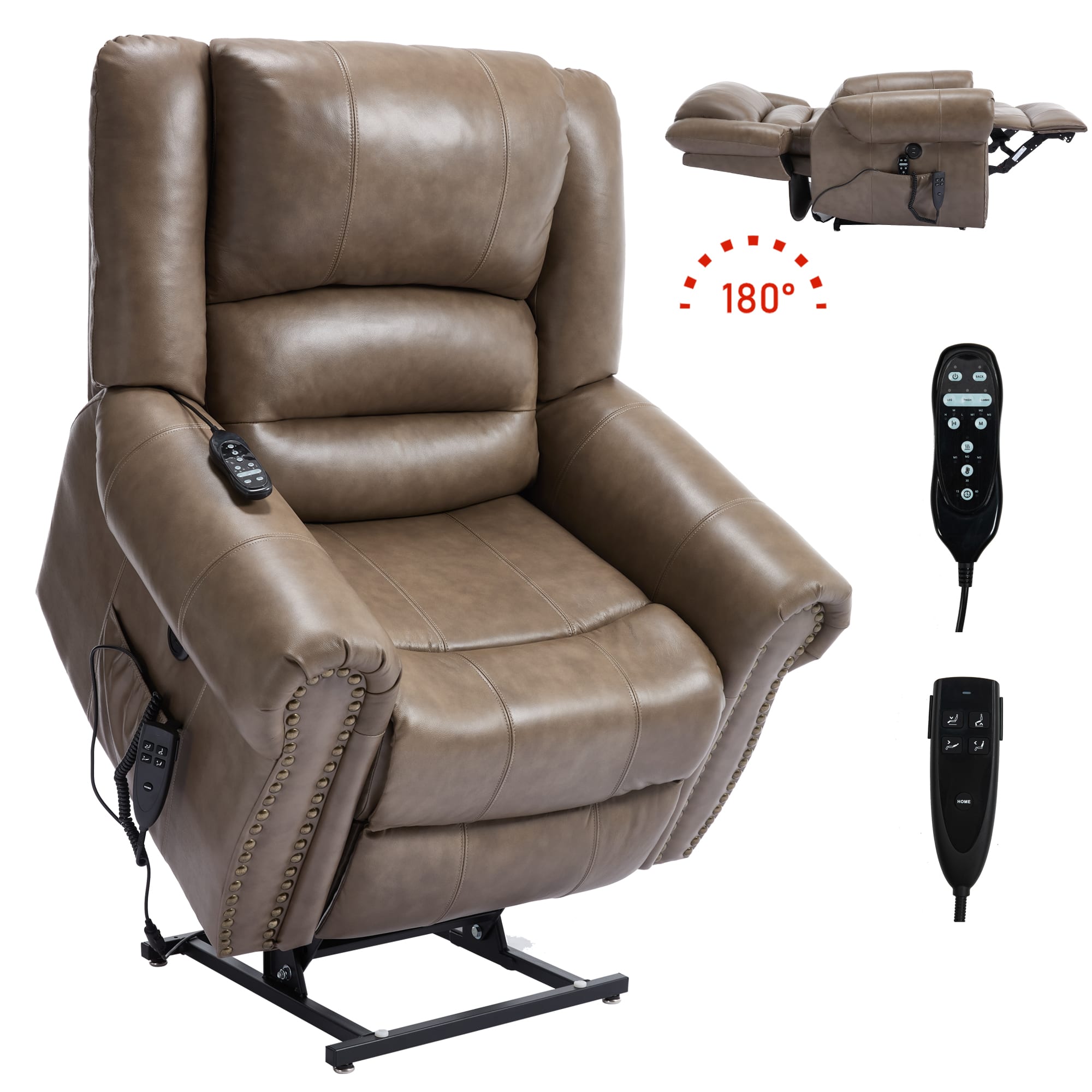 LUCKY ONE - Leather Dual Motor Power Lift Recliner Chair with Massage and Heat, USB, Side Pocket, Infinite Position, Power-Remote - Brown