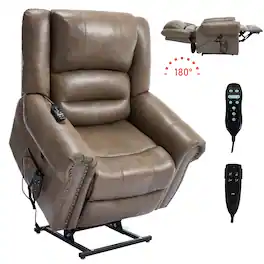 LUCKY ONE - Leather Dual Motor Power Lift Recliner Chair with Massage and Heat, USB, Side Pocket, Infinite Position, Power-Remote - Brown