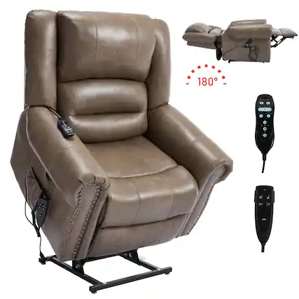 Front. LUCKY ONE - Leather Dual Motor Power Lift Recliner Chair with Massage and Heat, USB, Side Pocket, Infinite Position, Power-Remote - Brown.