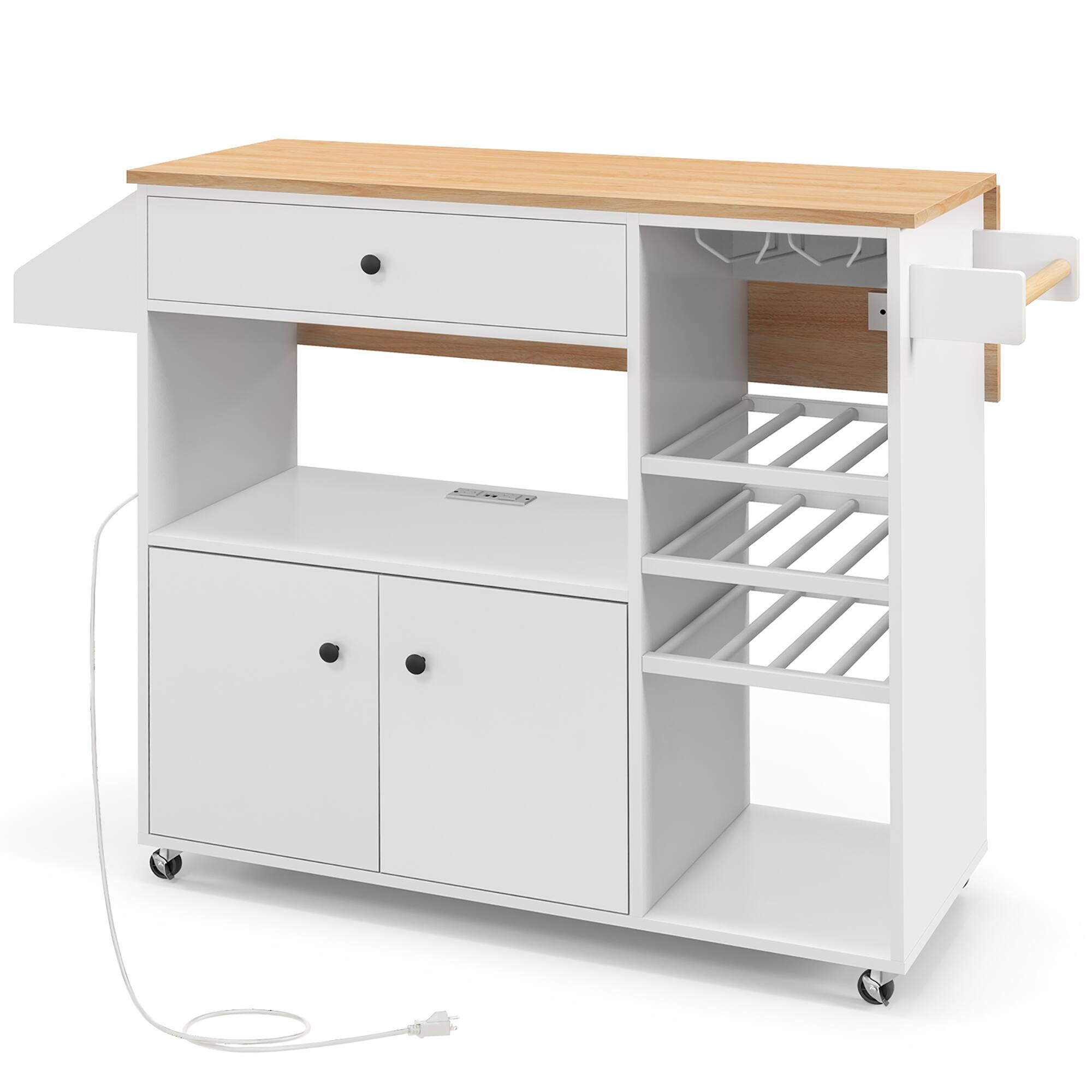 Alt View 9. Gymax - Gymax Kitchen Island Cart w/ Drop-Leaf & Power Outlet Microwave Shelf Wine Rack Drawer White - White.