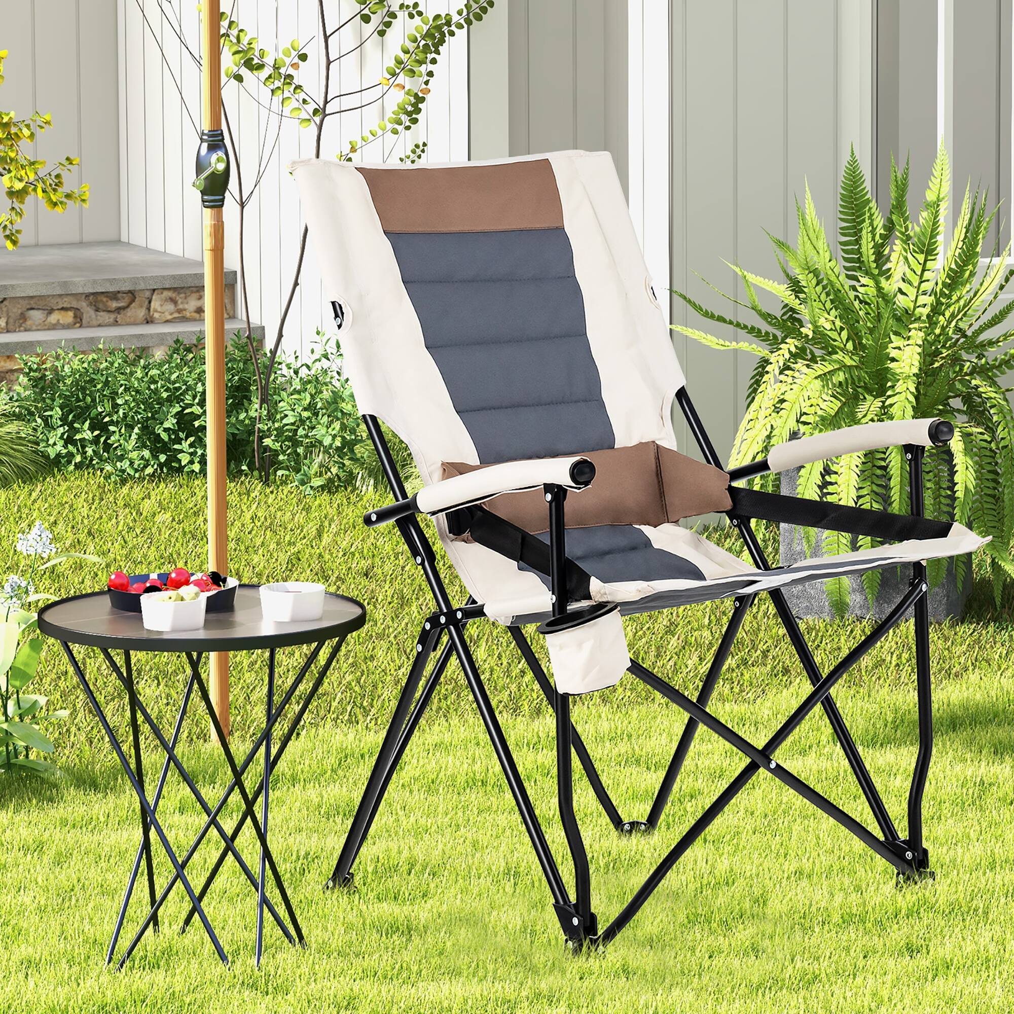Alt View 2. Gymax - Gymax Camping Folding Chair w/ Cup Holder 330 LBS Load Capacity for Picnic Camping - Brown, White.