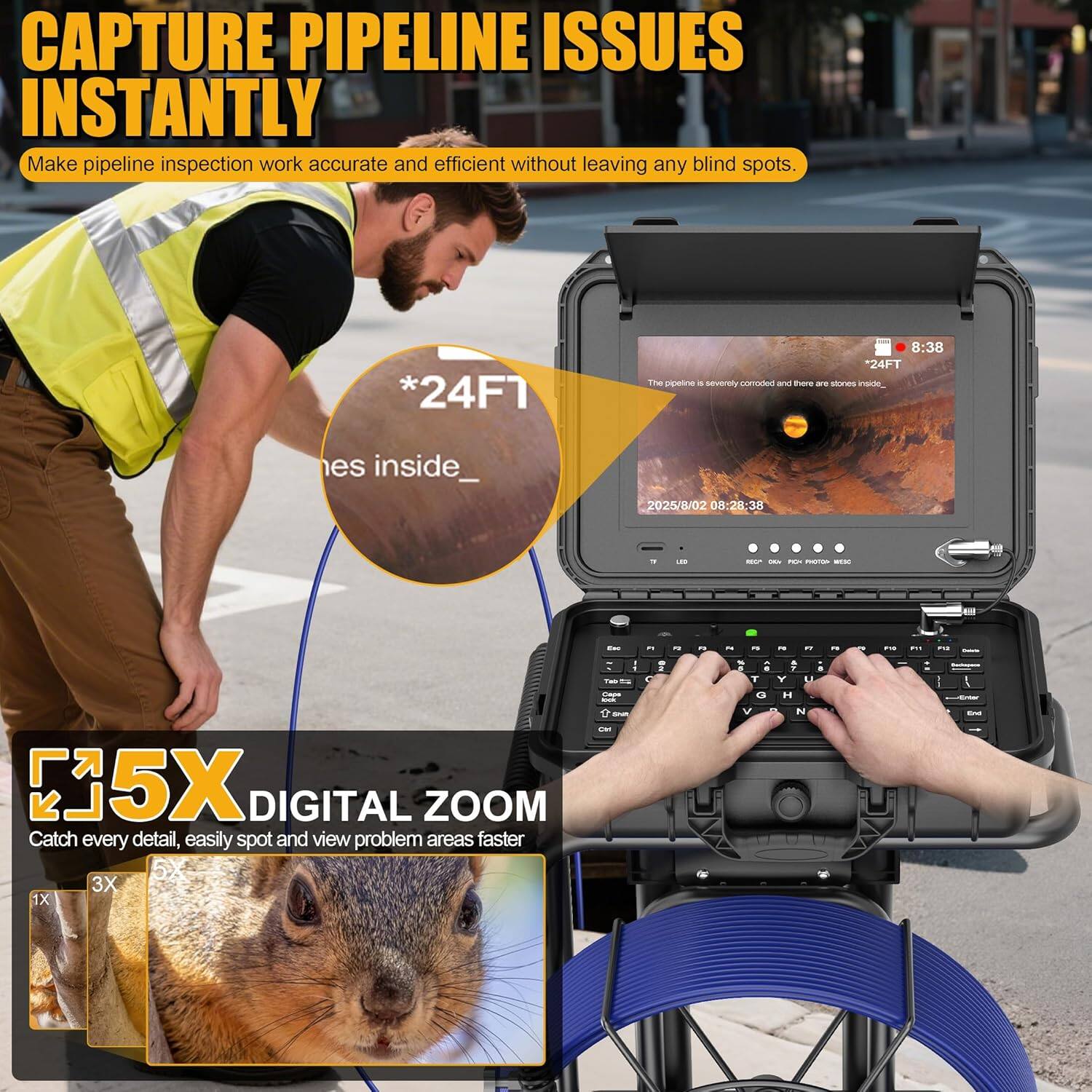 Alt View 1. Aukfa - Sewer Camera with Locator - 10" HD Endoscope, Self-Leveling, IP68, 200Ft 7MM Cable, DVR.