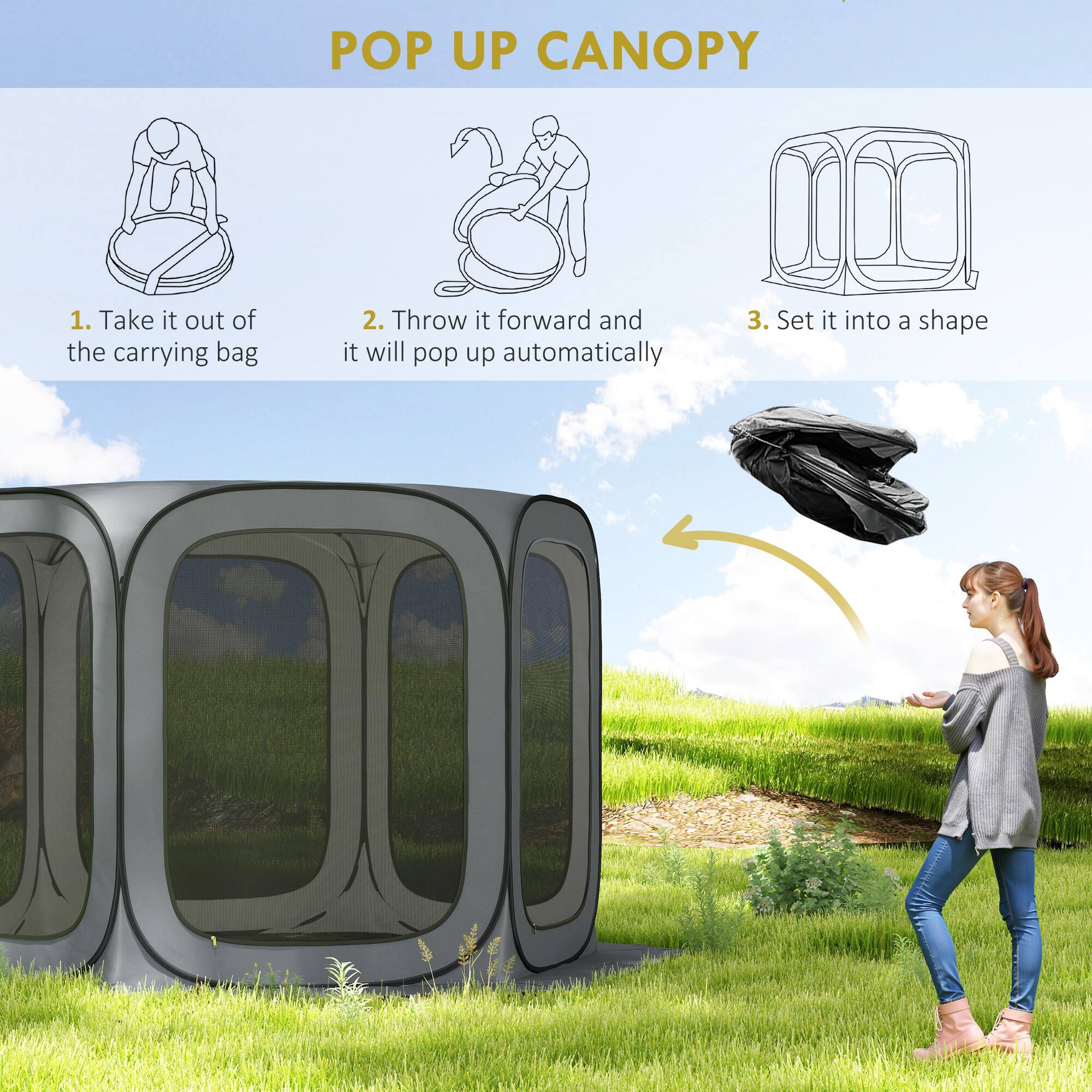 POP UP CANOPY

1. Take it out of the carrying bag  
2. Throw it forward and it will pop up automatically  
3. Set it into a shape