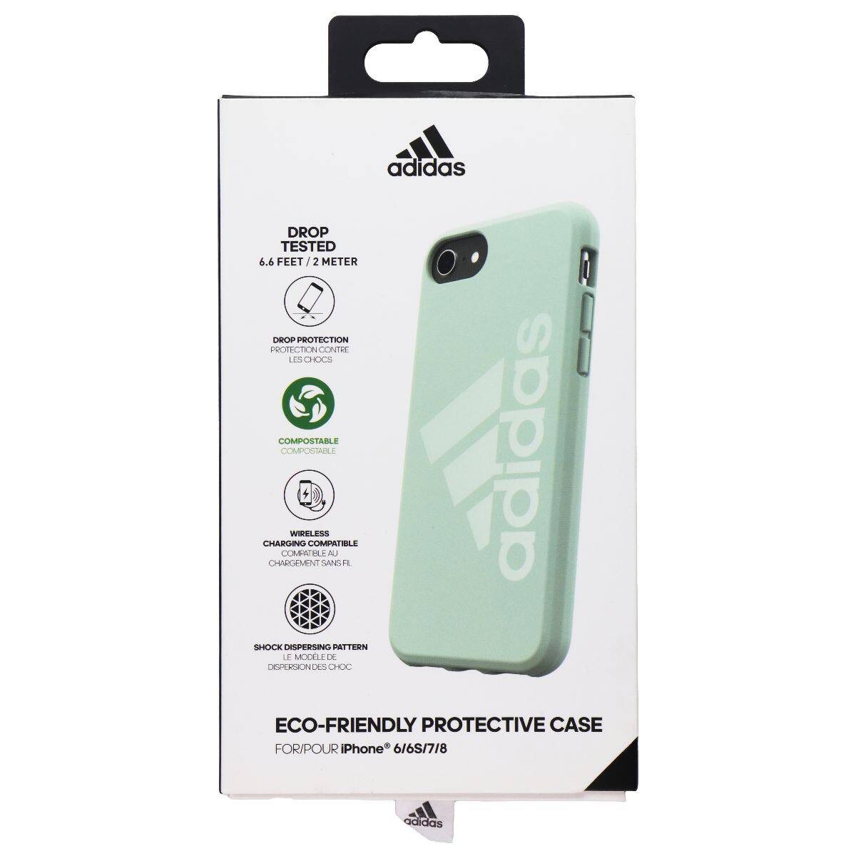 adidas DROP TESTED 6.6 FEET / 2 METER DROP PROTECTION PROTECTION CONTRE LES CHOCS COMPOSTABLE CHARGING COMPATIBLE WIRELESS COMPATIBLE SHOCK DISPERSING PATTERN LE MODÈLE DE DISPERSION DES CHOCS ECO-FRIENDLY PROTECTIVE CASE FOR/POUR iPhone 6/6S/7/8