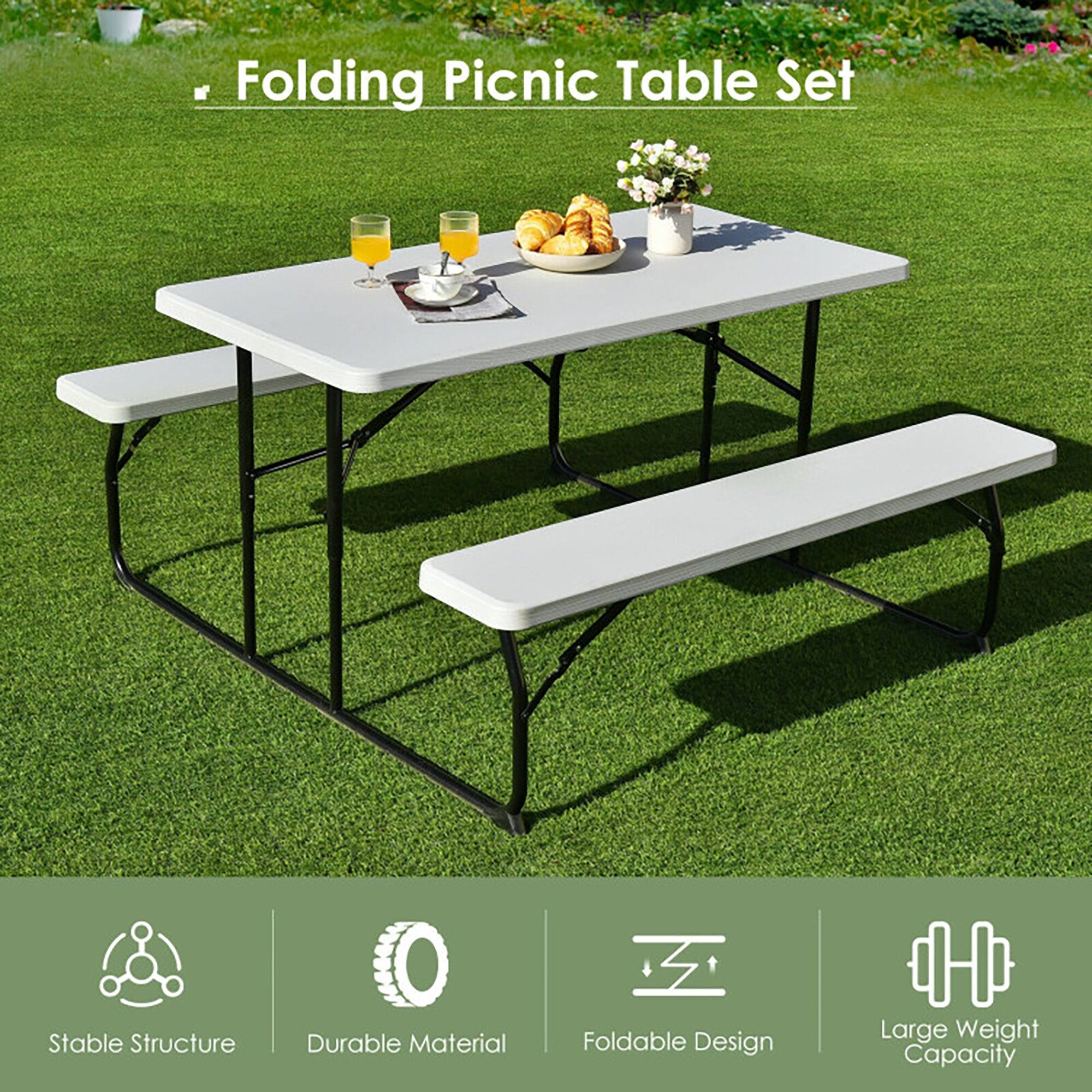 Folding Picnic Table Set

- Stable Structure
- Durable Material
- Foldable Design
- Large Weight Capacity