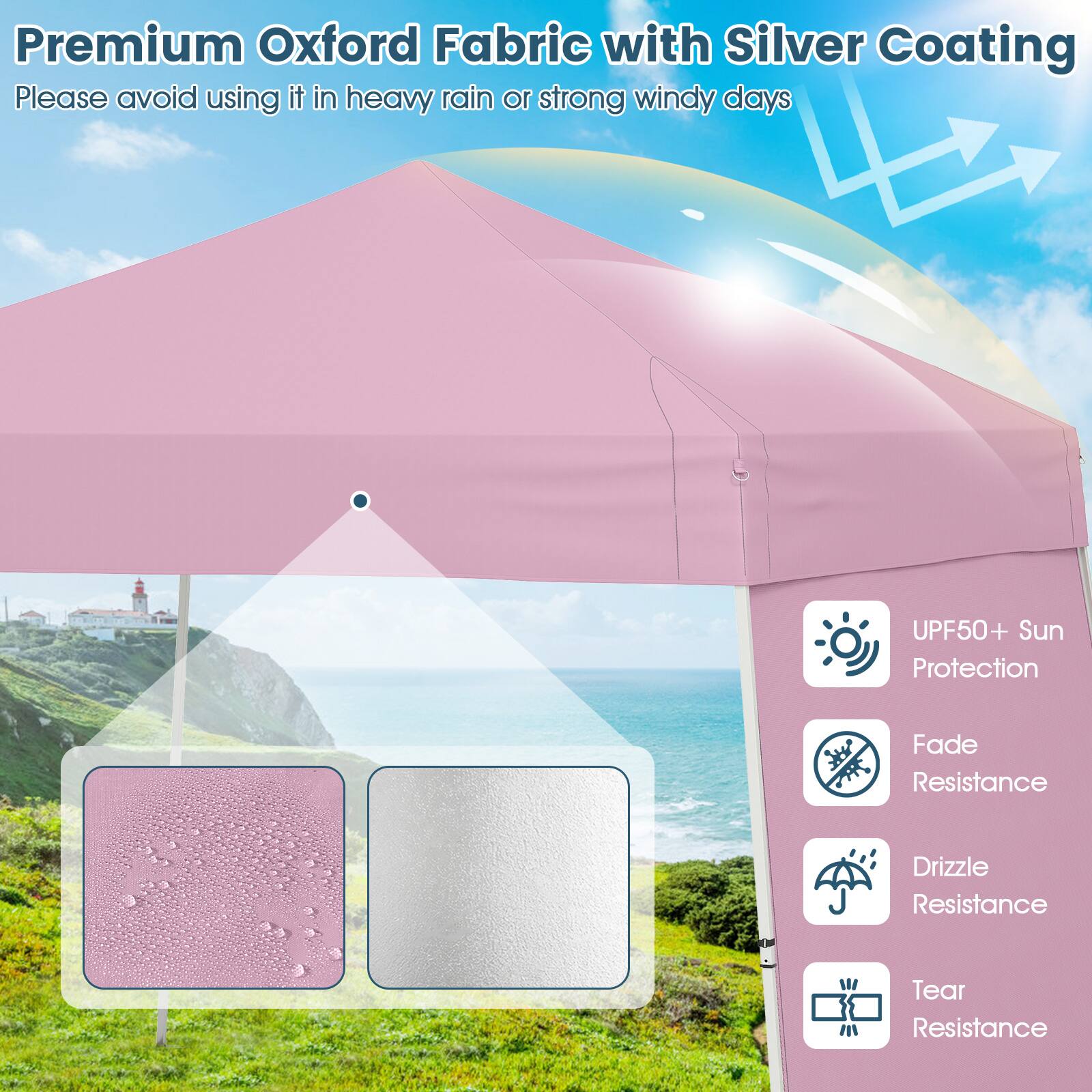 Premium Oxford Fabric with Silver Coating. Please avoid using it in heavy rain or strong windy days. Features: UPF50+ Sun Protection, Fade Resistance, Drizzle Resistance, Tear Resistance.