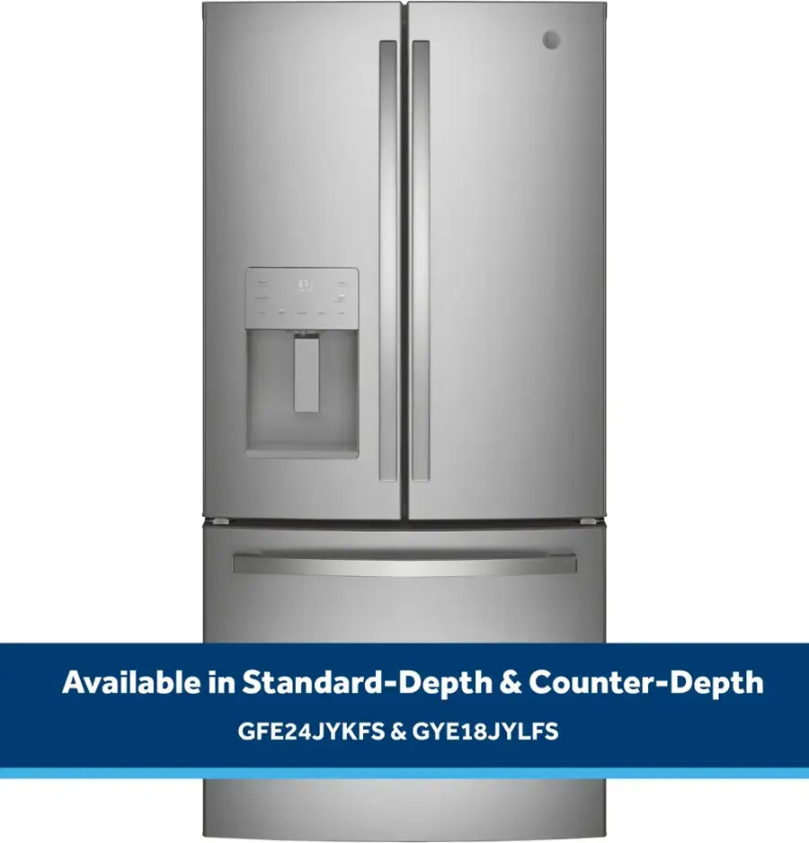 The text on the image reads: "Available in Standard-Depth & Counter-Depth GFE24JYKFS & GYE18JYLFS." This text describes the availability of two different refrigerator models, one with a standard-depth and the other with a counter-depth design. The models are GFE24JYKFS and GYE18JYLFS, respectively.