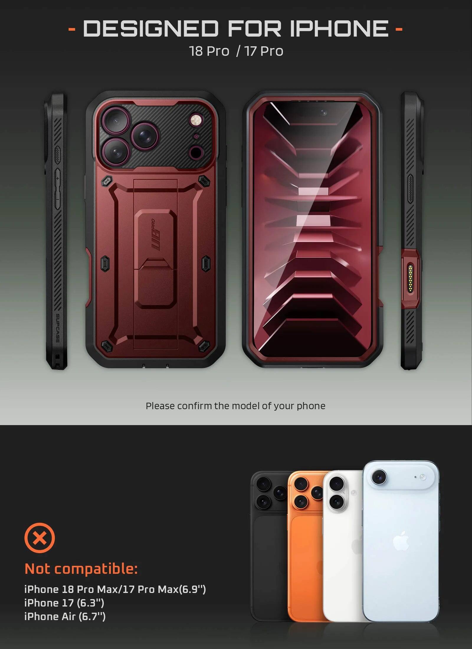 - DESIGNED FOR IPHONE 18 Pro / 17 Pro
SUPCASE DING

Please confirm the model of your phone

Not compatible: iPhone 18 Pro Max/17 Pro Max(6.9") iPhone 17 (6.3") iPhone Air (6.7")