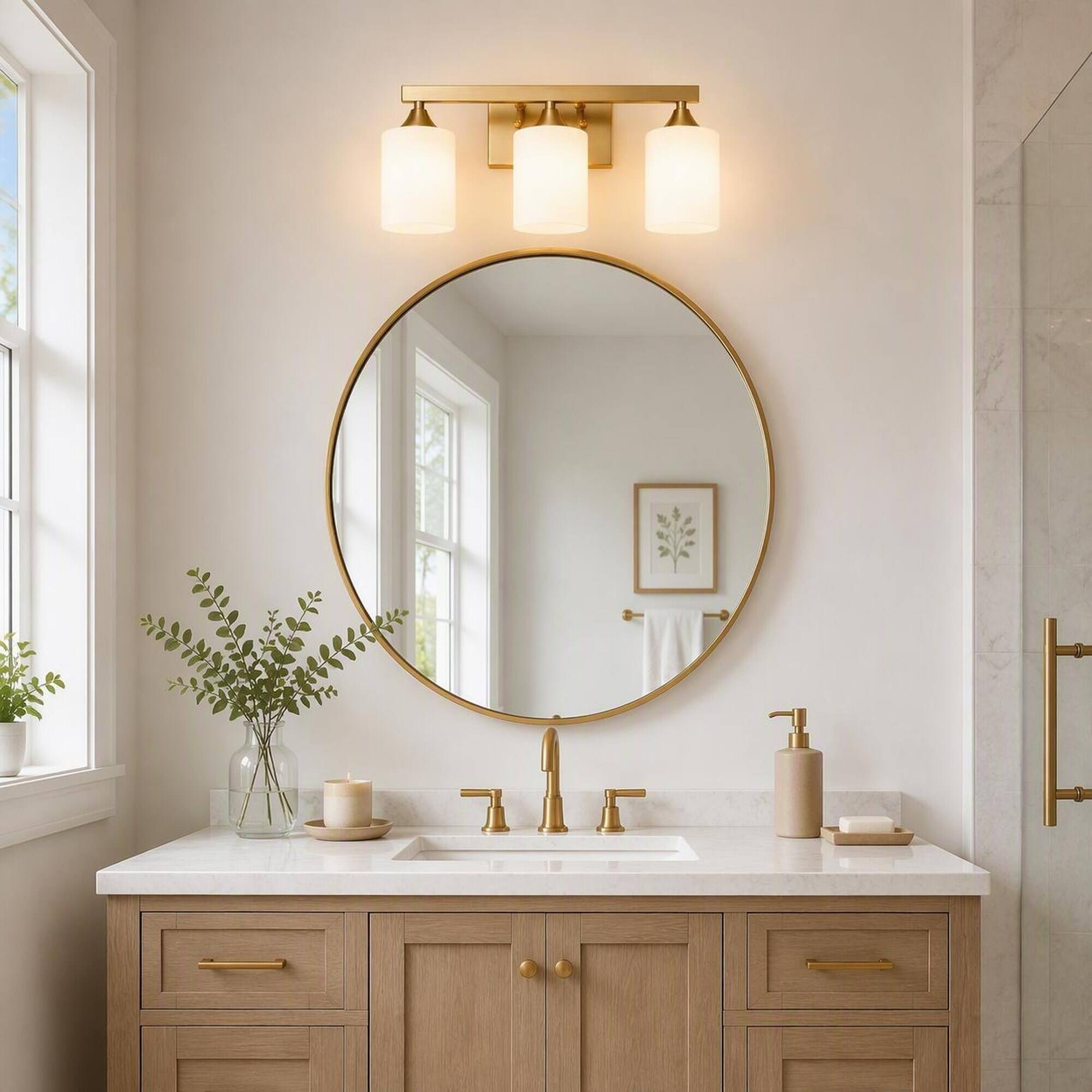 Angle. RYHNUYNE - 3-Light Brushed Gold Bathroom Vanity Light with Frosted Glass Shades, Moisture-Resistant Metal Frame.