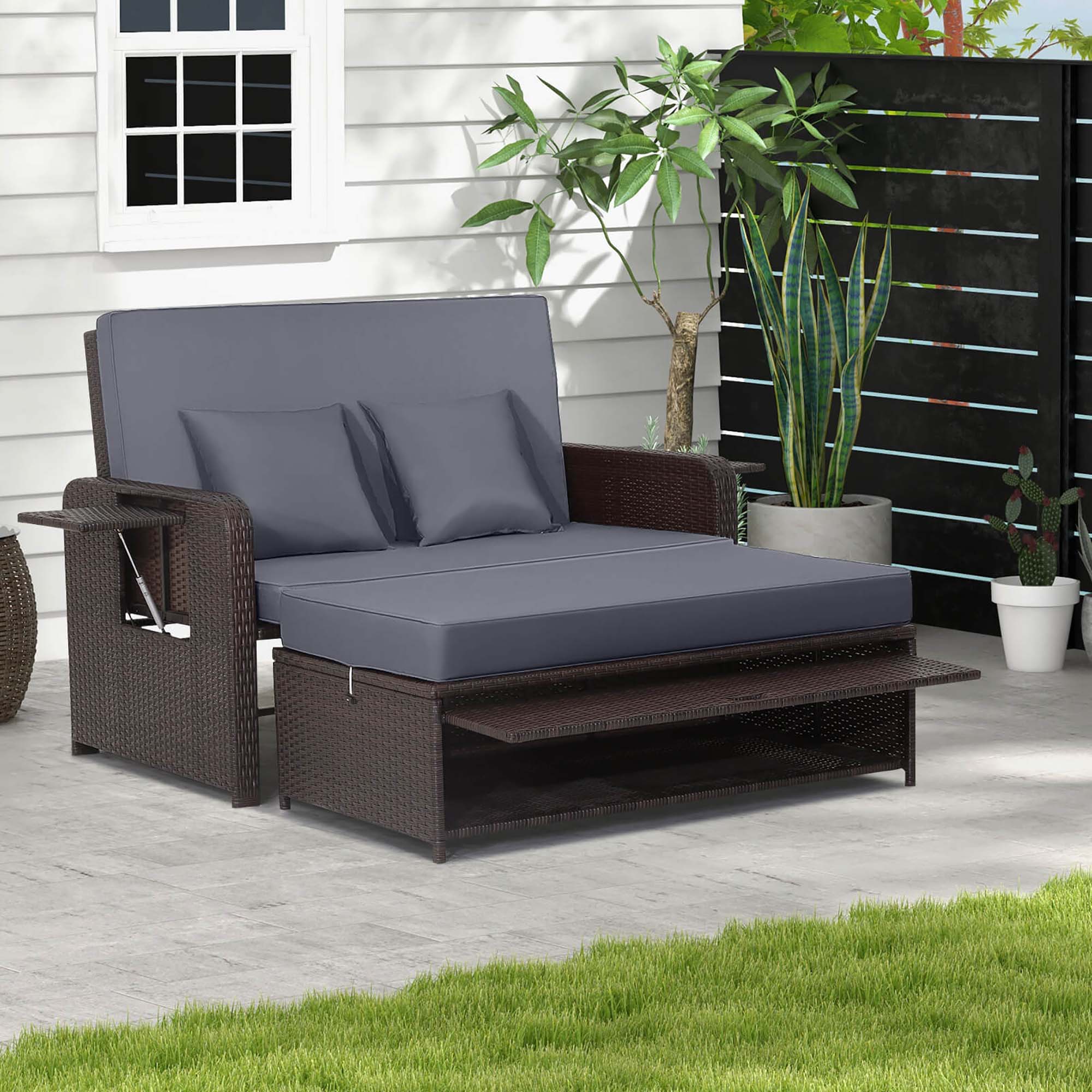 Alt View 1. Costway - Patio Rattan Loveseat Set Daybed Lounge Storage Ottoman Side Tables Adjust - Gray + Mix Brown.