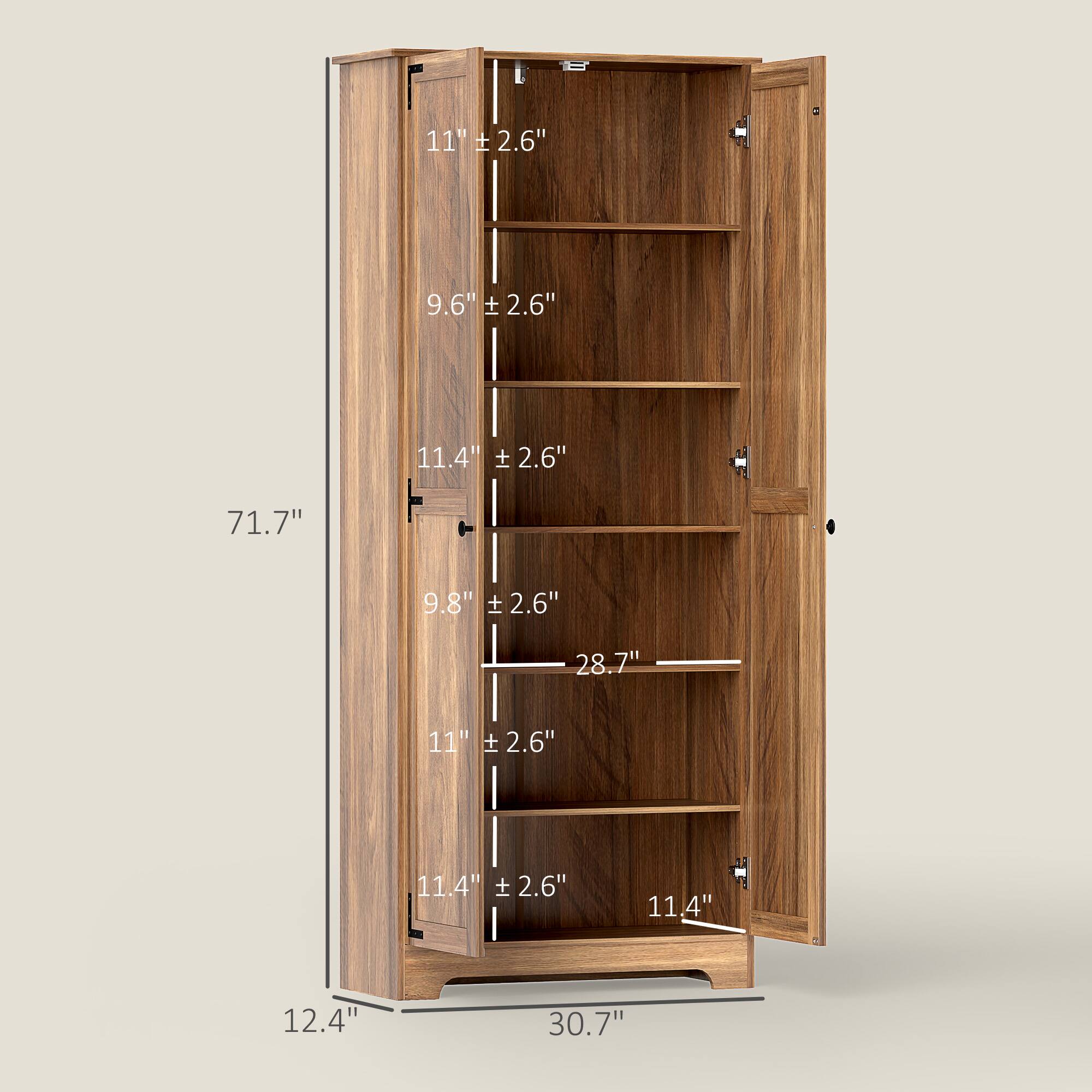 - Height: 71.7"
- Width: 30.7"
- Depth: 12.4"

Shelf Dimensions:
1. 11" ± 2.6"
2. 9.6" ± 2.6"
3. 11.4" ± 2.6"
4. 9.8" ± 2.6"
5. 11" ± 2.6"
6. 11.4" ± 2.6"
7. 11.4" ± 2.6"