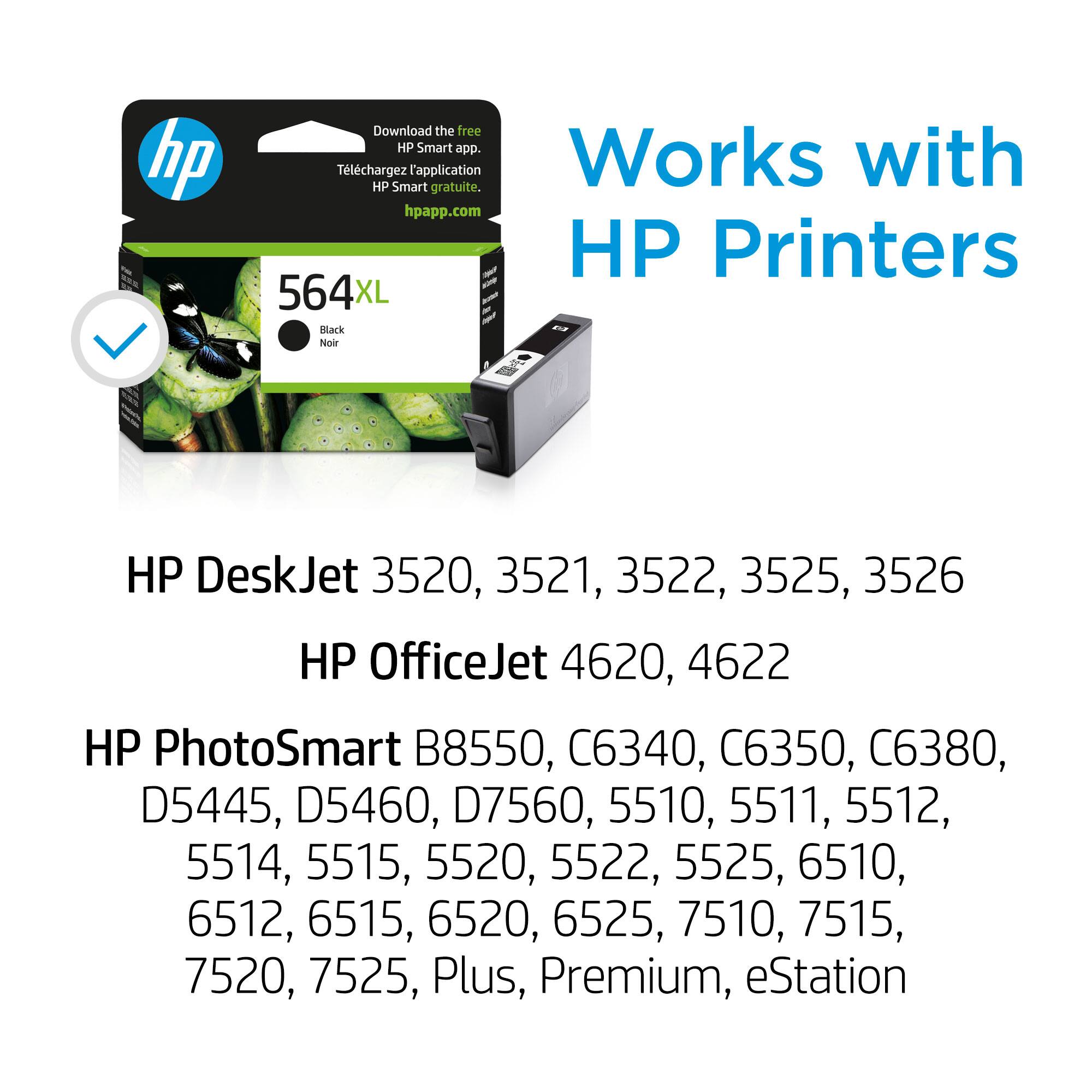 HP Printers: 564XL Black, HP DeskJet 3520, 3521, 3522, 3525, 3526, HP OfficeJet 4620, 4622, HP PhotoSmart B8550, C6340, C6350, C6380, D5445, D5460, D7560, 5510, 5511, 5512, 5514, 5515, 5520, 5522, 5525, 6510, 6512, 6515, 6520, 6525, 7510, 7515, 7520, 7525, Plus, Premium, eStation.