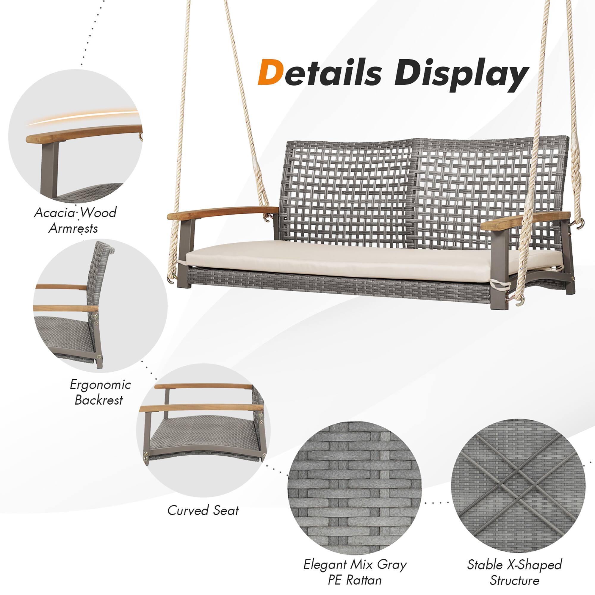 Details Display
Acacia Wood Armrests
Ergonomic Backrest
Curved Seat
Elegant Mix Gray PE Rattan
Stable X-Shaped Structure