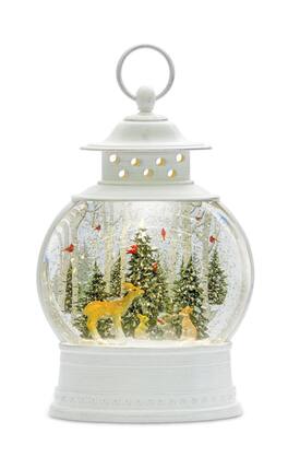 BreeBe - LED Snow Globe Ball with Woodland Deer Scene 11.5"H - White, Brown, Red
