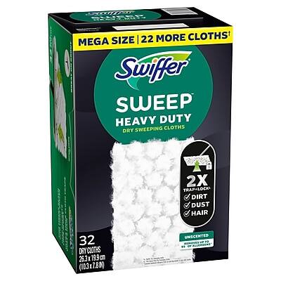 Swiffer Sweep Heavy Duty  
Dry Sweeping Cloths  

Mega Size | 22 More Cloths!  

2X Trap+Lock Dirt, Dust, Hair  

32 Dry Cloths  
10.3" x 7.8" (26.3cm x 19.9cm)  

Unscented  
Removes 99% of Dust  

20.3" x 19.9" x 10.3" (51.5cm x 50.5cm x 26.2cm)