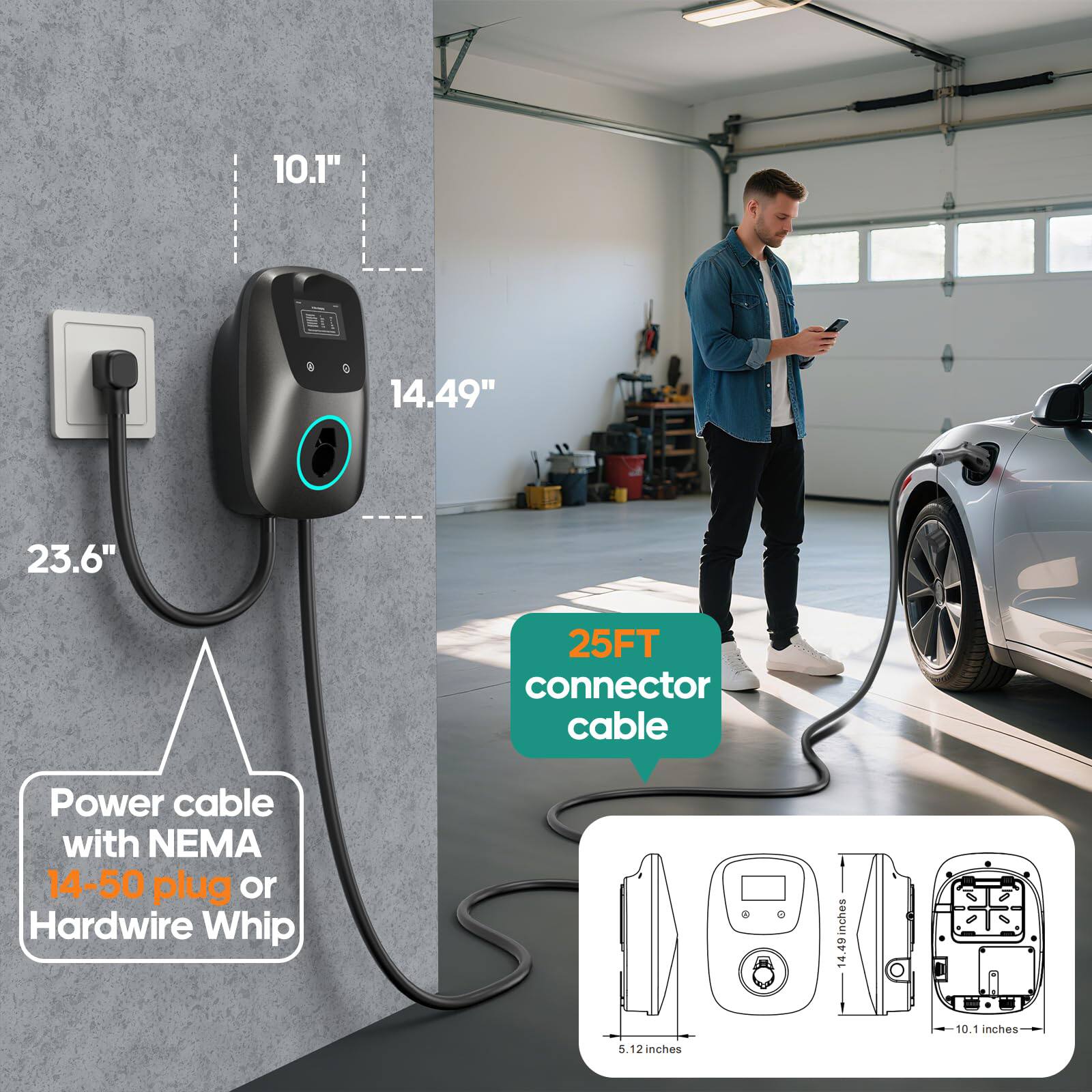 - 10.1 inches
- 14.49 inches
- 23.6 inches
- 25FT connector cable
- Power cable with NEMA 14-50 plug or Hardwire Whip
- 5.12 inches
- 14.48 inches
- 10.1 inches