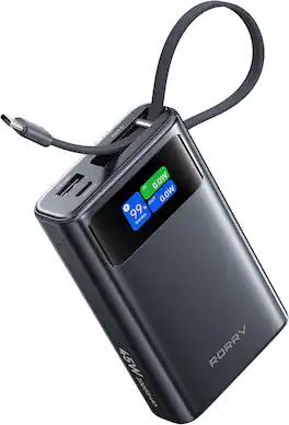 RORRY - 20000mAh 45W Portable Charger with Built-in USB-C Cable, Fast Charging Power Bank with Smart Display - Dark Gray