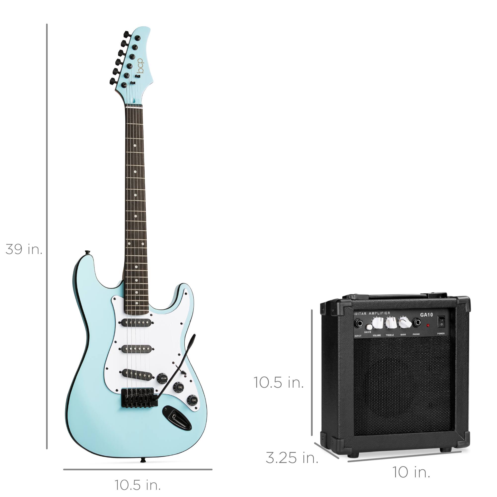 - Guitar: 39 in. (height), 10.5 in. (width), 10.5 in. (depth)
- Amplifier: 10.5 in. (height), 10 in. (width), 3.25 in. (depth)