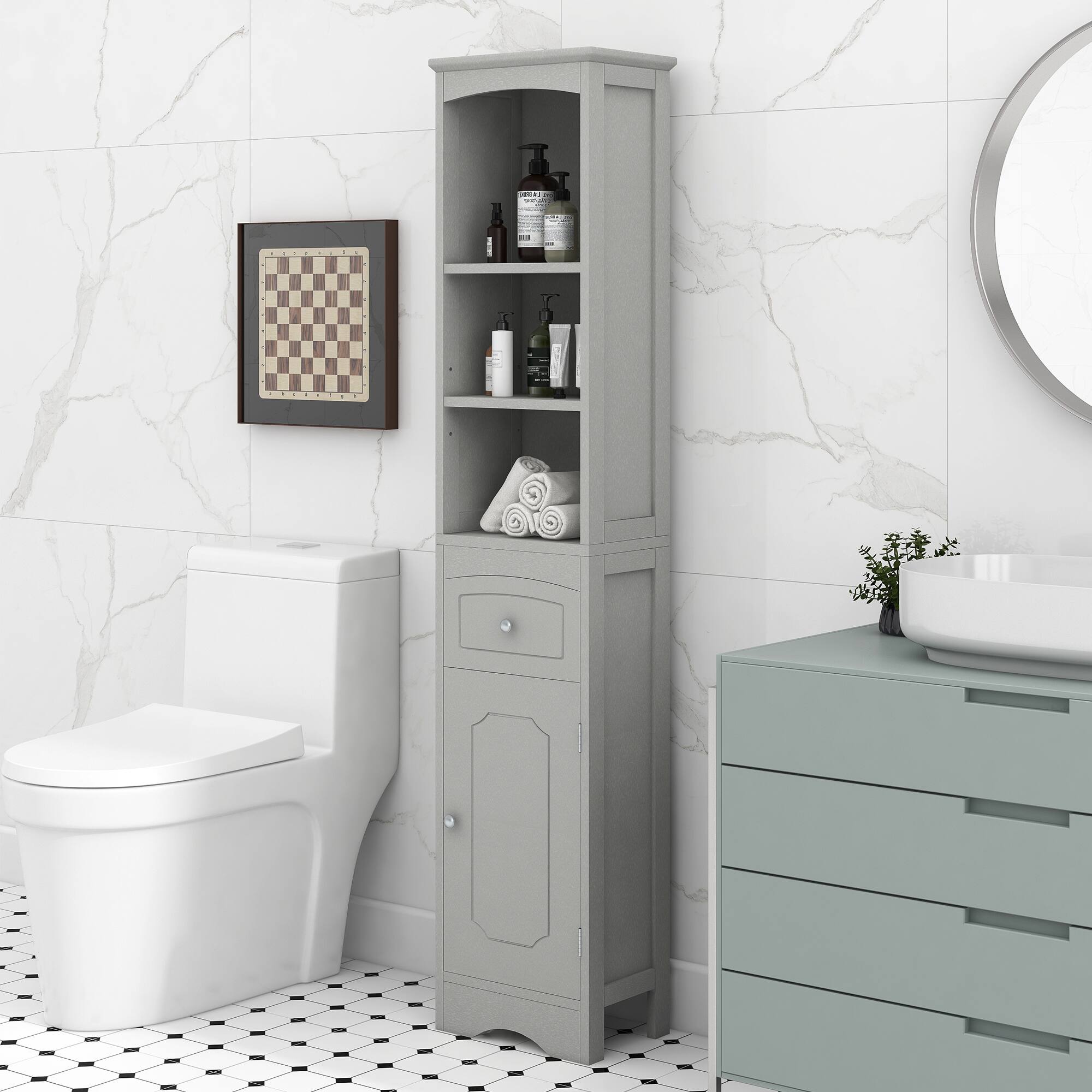 Alt View 6. Ecooso - Tall Freestanding Bathroom Cabinet with Drawer, MDF Board, Adjustable Shelf - Grey.