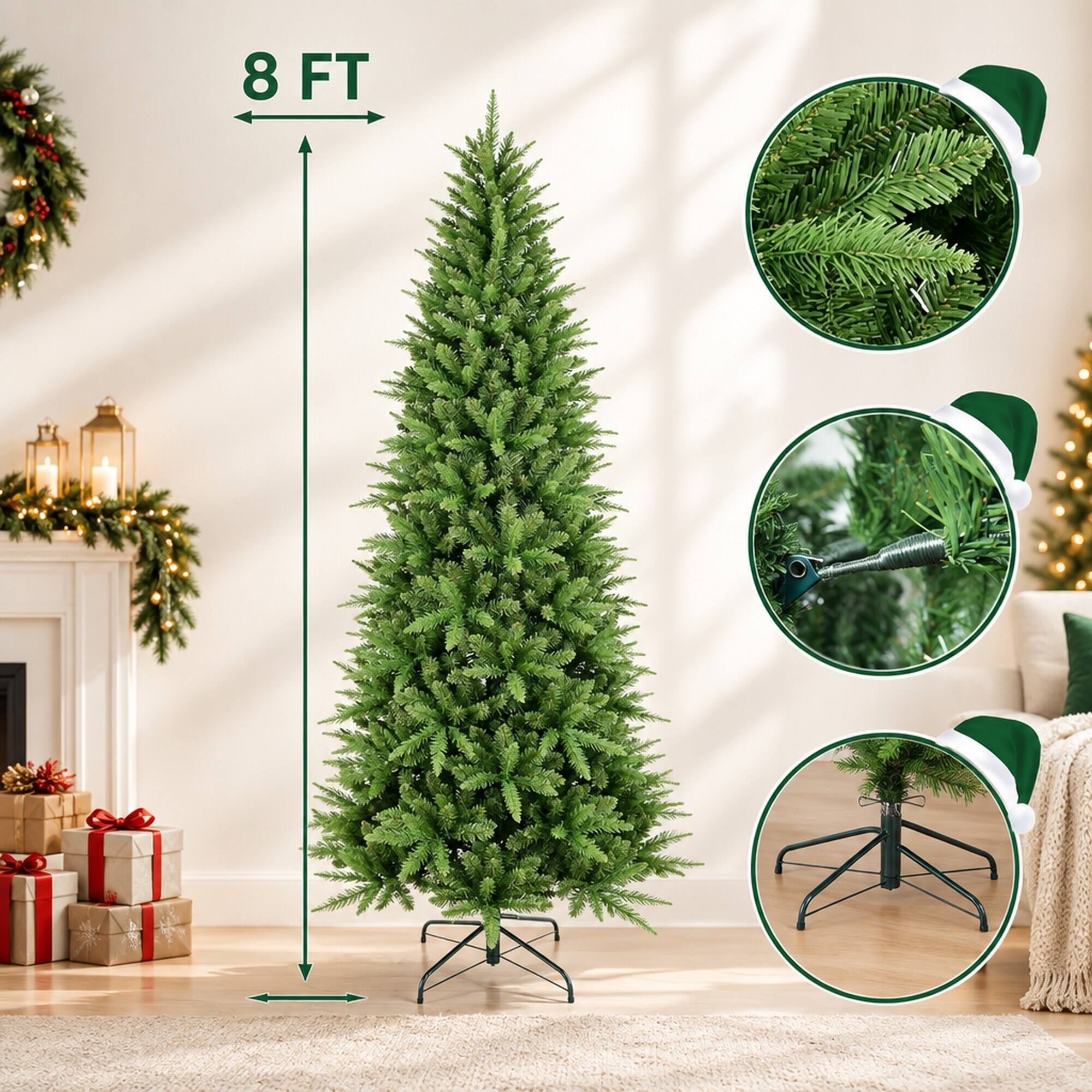 Alt View 3. RYHNUYNE - 7FT Slim Artificial Christmas Tree With 1180 PE and PVC Tips and Hinged Branches, Metal Stand for Small Spaces - Green.