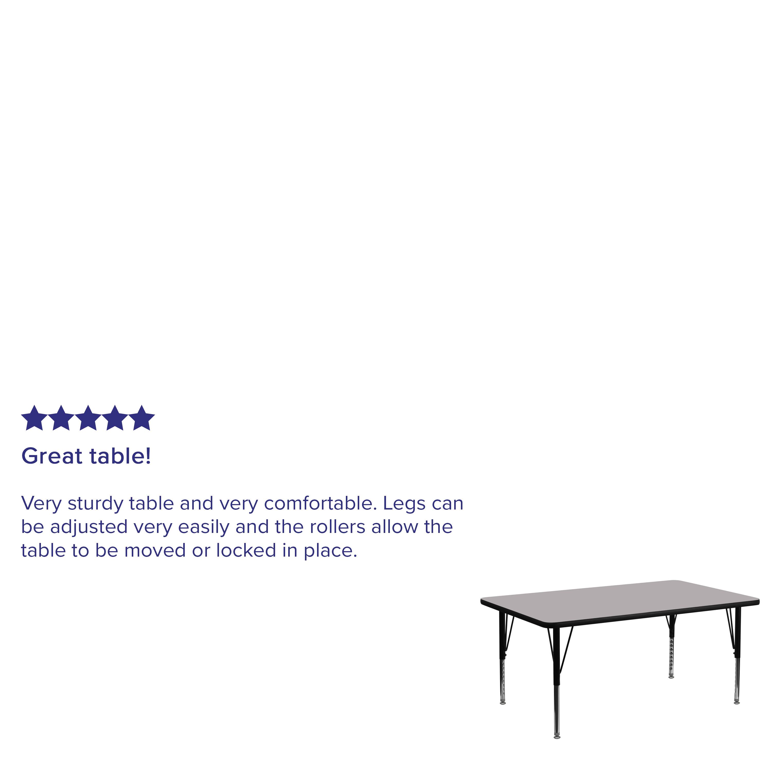 Great table! Very sturdy table and very comfortable. Legs can be adjusted very easily and the rollers allow the table to be moved or locked in place.