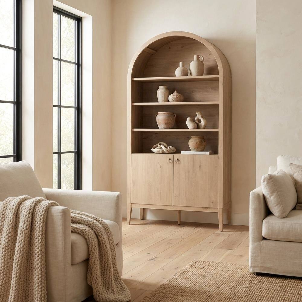 Left. FurniFact - Brown display cabinet, arched design, engineered wood construction, versatile - Brown.