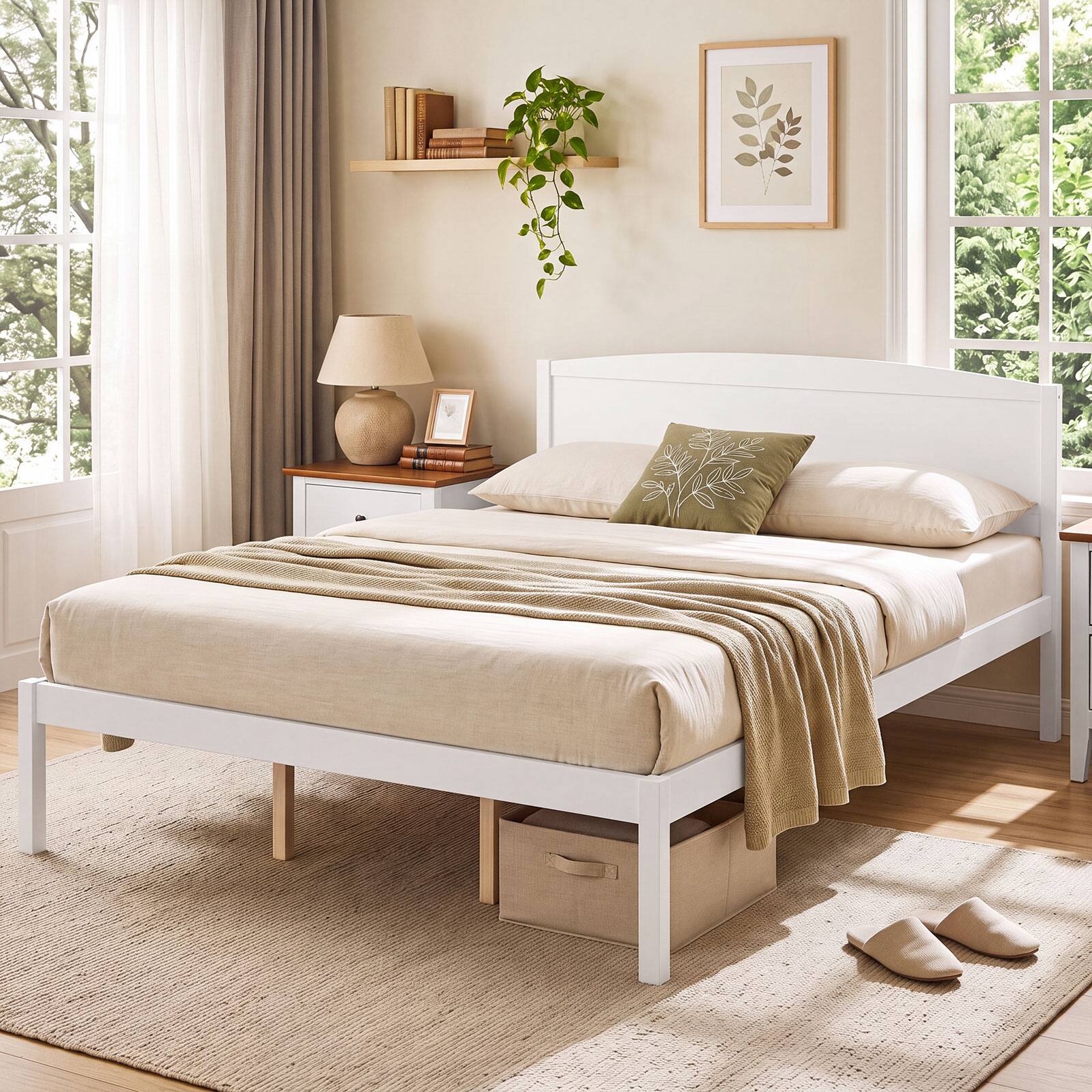 Alt View 3. Gymax - Gymax Queen Size Wooden Platform Bed Frame w/Curved Headboard Solid Pine Wood Legs White - White.