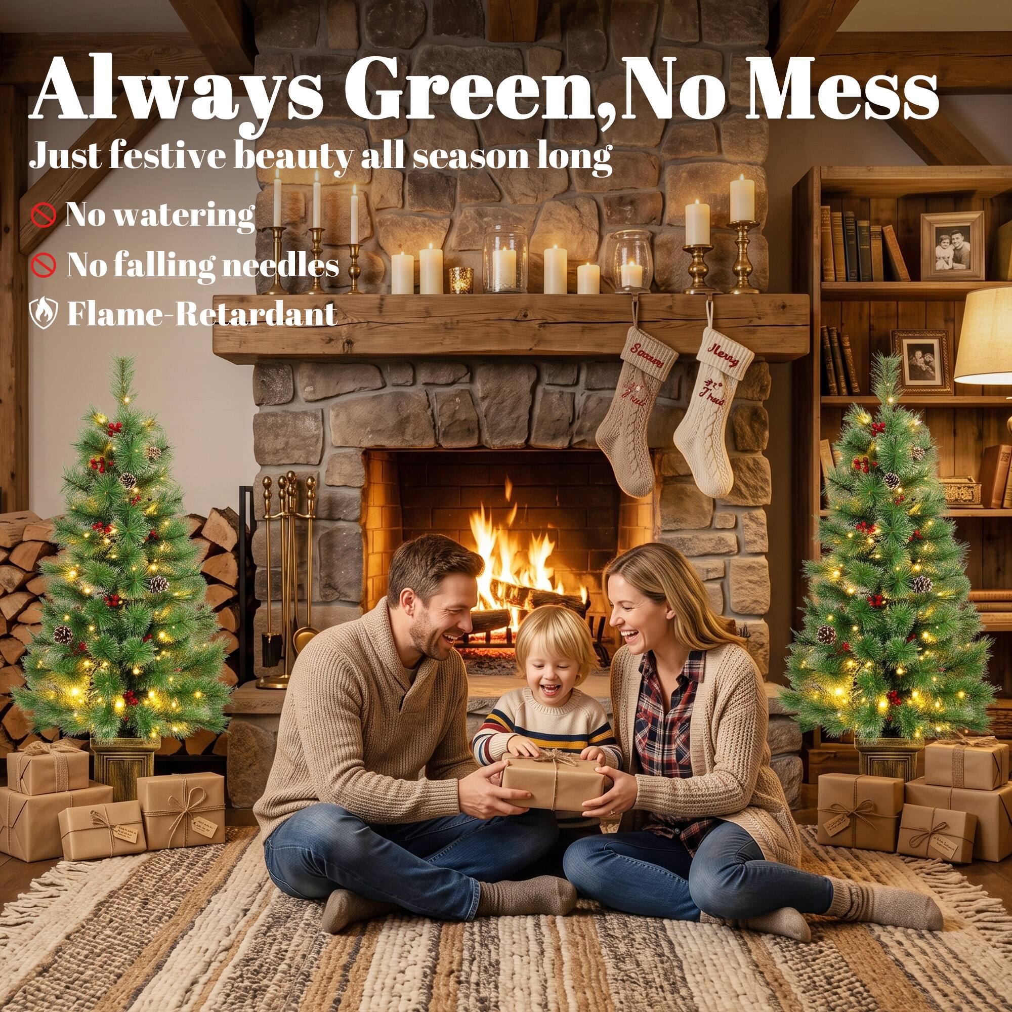 Always Green, No Mess  
Just festive beauty all season long  
No watering  
No falling needles  
Flame-Retardant