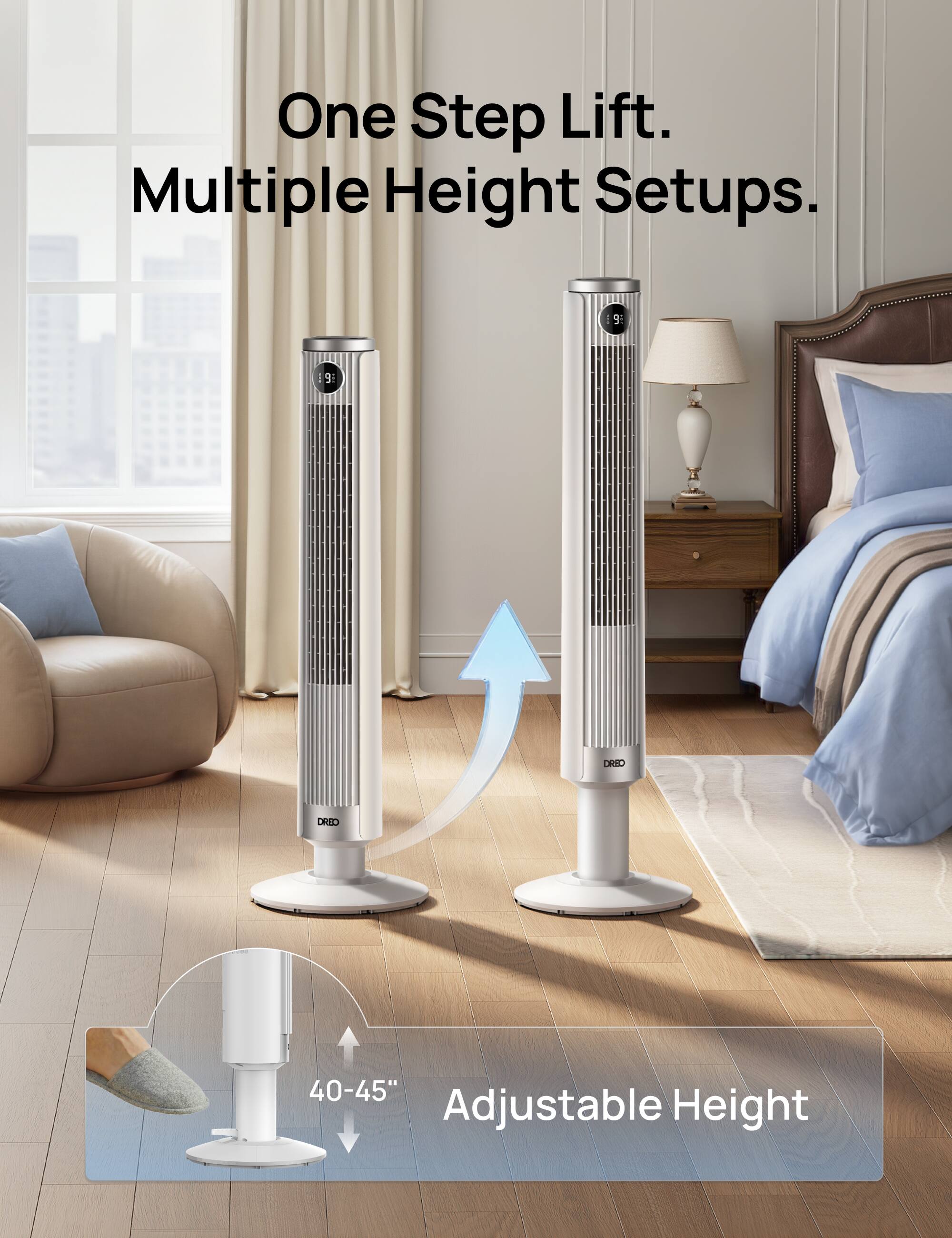 One Step Lift. Multiple Height Setups.  
3: 3: DRED DRED 40-45" Adjustable Height