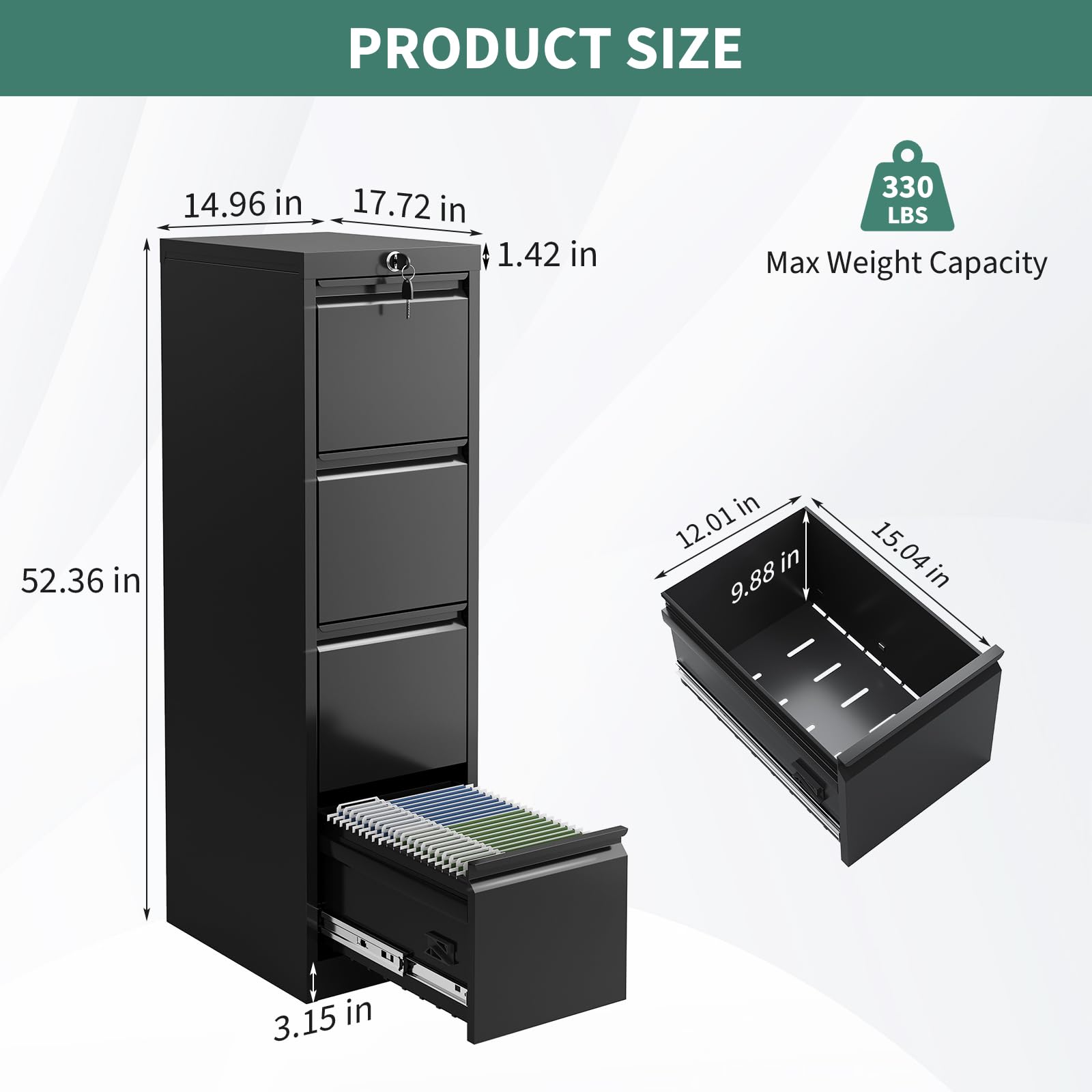 PRODUCT SIZE

- Height: 52.36 in
- Width: 14.96 in
- Depth: 17.72 in
- Drawer Height: 1.42 in
- Drawer Width: 12.01 in
- Drawer Depth: 9.88 in
- Drawer Height: 15.04 in
- Drawer Height: 3.15 in

Max Weight Capacity: 330 LBS