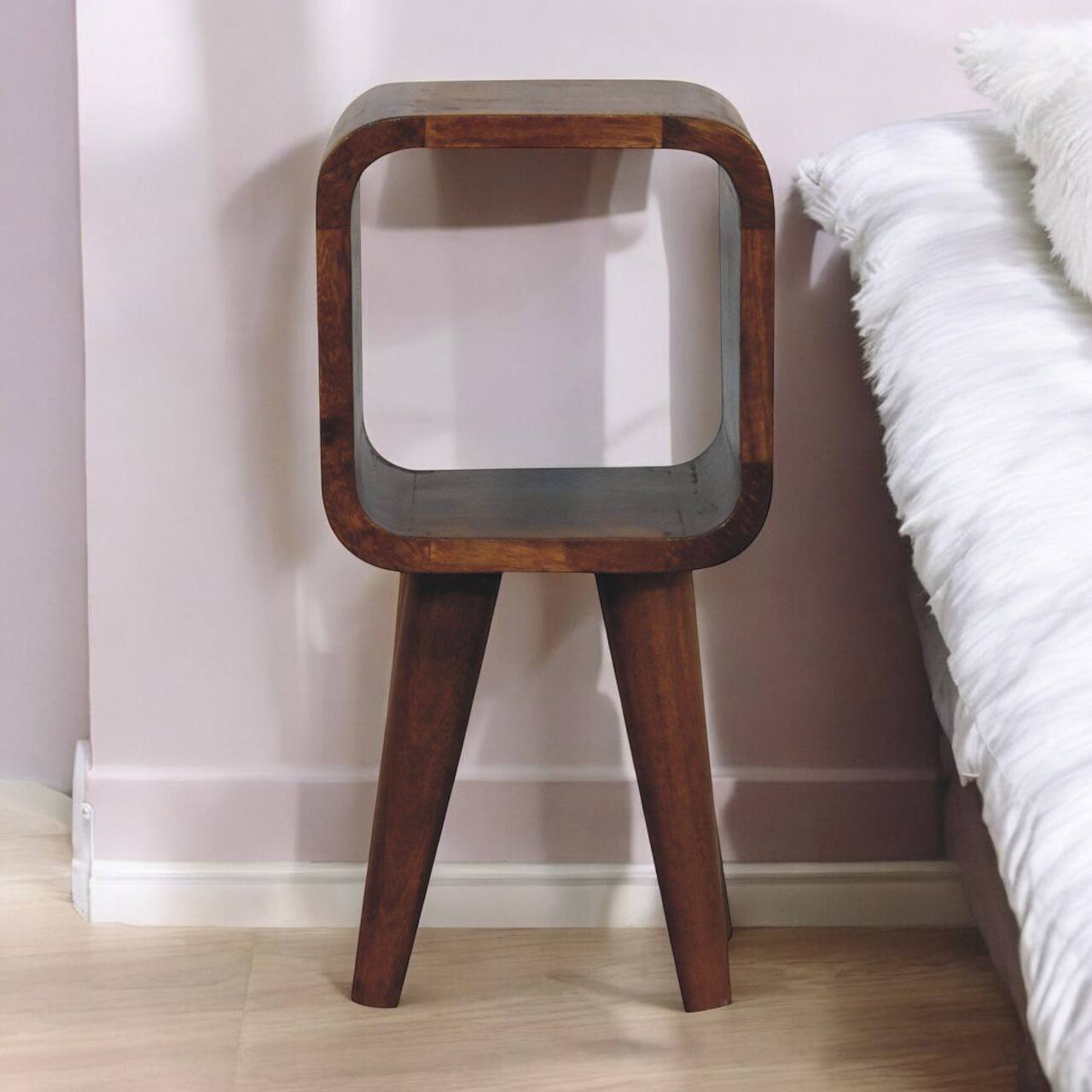 Angle. Artisan Furniture - Artisan Furniture Solid Wood, Extra Mini Minimalist Curved Chestnut Bedside, OpenSlot, Nordic Legs, Dark Brown - Chestnut.